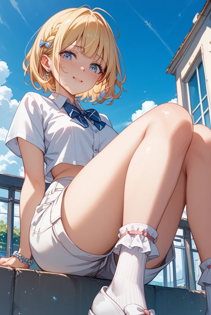 nsfw,High resolution、High resolution、high quality、masterpiece、1 female、Ellen Baker、School classmates、18-year-old、high school girl、Slim and long beautiful legs、skinny、blonde、blue eyes、Bedroom、Lying on the bed、((open legs:1.5)),((Spread your legs wide)),Standing on tiptoes,Knee Up、Attractive pose、Cute pose、(((arms behind head:1.5))),blackboard、smile、((Head to toe))、((Close-up of a woman))、(((school uniform))),((White Shirt)),((Blue Neck Ribbon)),((Pleated skirt))、((((Black knee-length socks))))、loafers,show panty,Yellow-green panties、Award-winning design panties、((I was made to lie with my legs open...))、((trembling:1.4))