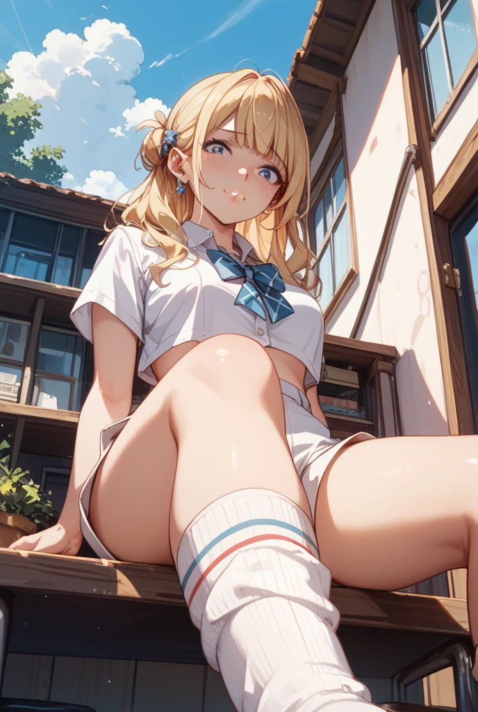 (A beautiful young Japanese woman), nsfw, Detailed Background, (((独奏))), ((Excellent anatomy: 1.2)), (Blonde, ponytail), Big Tits, (dark skin:1.8), (green eyes), (Beautiful Eyes), (((Short sleeve white shirt, Beige cardigan, Blue short tie, Lace Bra, Grey pleated mini skirt, String Panties, loose socks, loafers))), (cleavage), (Black Panties:1.5), grin, Earrings, Sitting on a bench in front of the station, Beautiful thighs, spread legs, (lift skirt:1.5), panty shot, show off breasts,