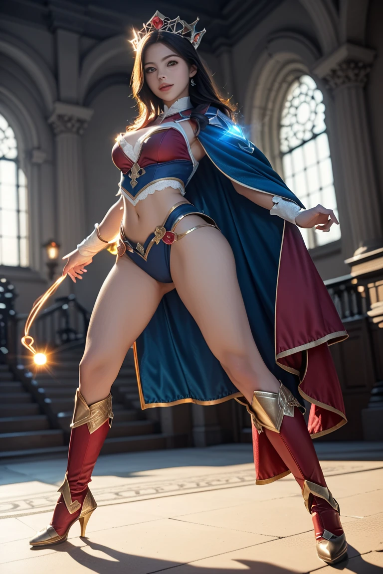 ((best quality, master part, absurdities)), (wonderwoman), 16 years old, brunette, thin girl, pretty girl, perfect face, perfect body, defined body, thin waist, thin legs, gap between thighs, small breasts, blue eyes, tiny panties, her pussy is marked on her panties, ((cameltoe: 1.3)) , cowboy shot, in front of a Greek temple, best quality, (masterpiece), ultra-realistic, ultra-detailed, wallpaper, 8k