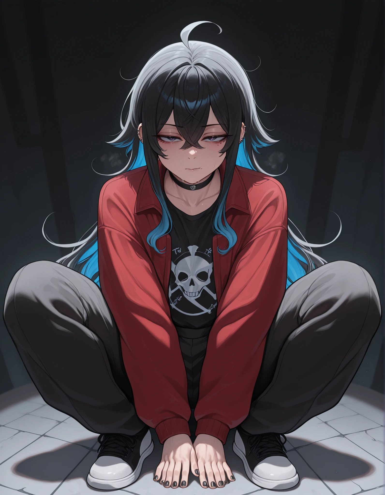 Webtoon style drawing of a with silver hair and purple eyes in a slave collar, slave cuffs, and ankle cuffs looking down at bread on a wooden floor
