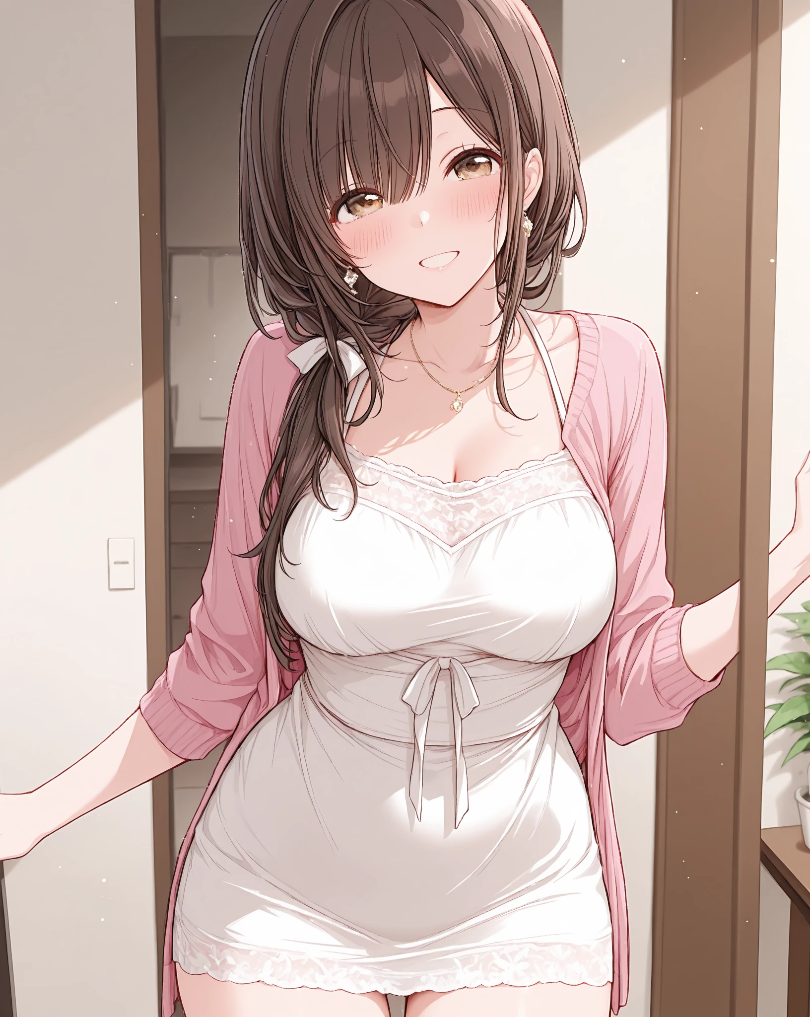 1girl in, ((masutepiece)),((Best Quality)),Ultra-detailed,illustratio,explicit,Beautiful body,Beautiful nose,Beautiful character design,Perfect eyes,Perfect face,Wallpaper,超A high resolution, 4K,Photography,((Beautiful, big breat)),(Beautiful face:1.2),Beautiful legs, Mayu Sakuma, Shiny skin,anime screen cap,official style, 1girl in, Solo, arrogant smile, Sunnyday,Daytime, Looking at Viewer, POV, Detailed eyes, Complex hairstyle、drooing eyes、princess dress, wide eyed, Crazy smile, Empty eyes, POV cowgirl, Sweat, flying sweatdrops, Cross your arms behind your back, I'm looking at you, pov, 30 years old, in a living room, ((Big breast)), , mature woman.