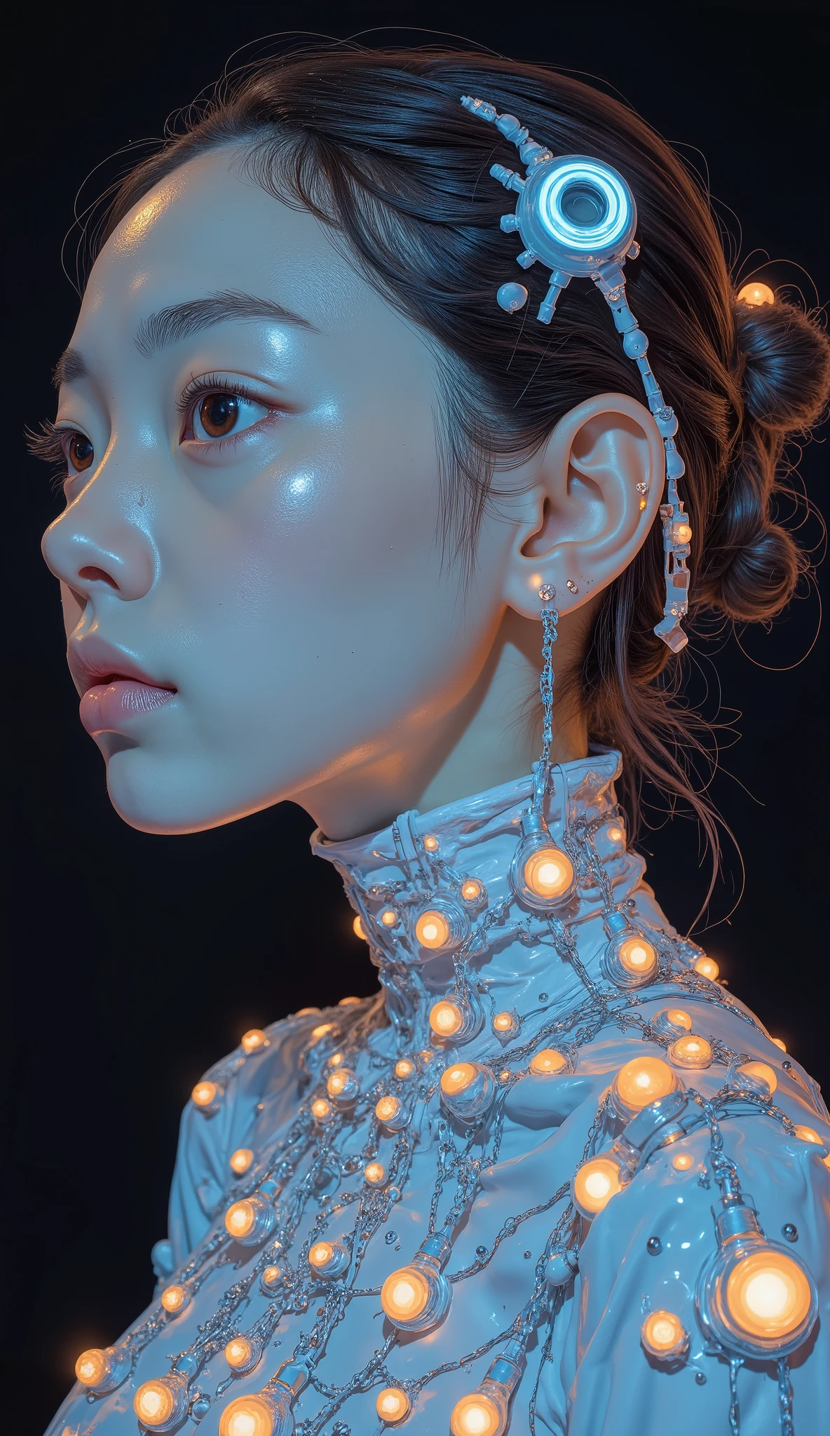 painting of a woman with a head with countless light bulbs and a black background, manabu ikeda, inspired by Ross Bleckner, An energetic woman whose whole body is covered by countless light bulbs, by Chiho Aoshima, Naoya Tanaka, Yoshitaka Amano, Protective Stick, Nick Knight, paru itagaki