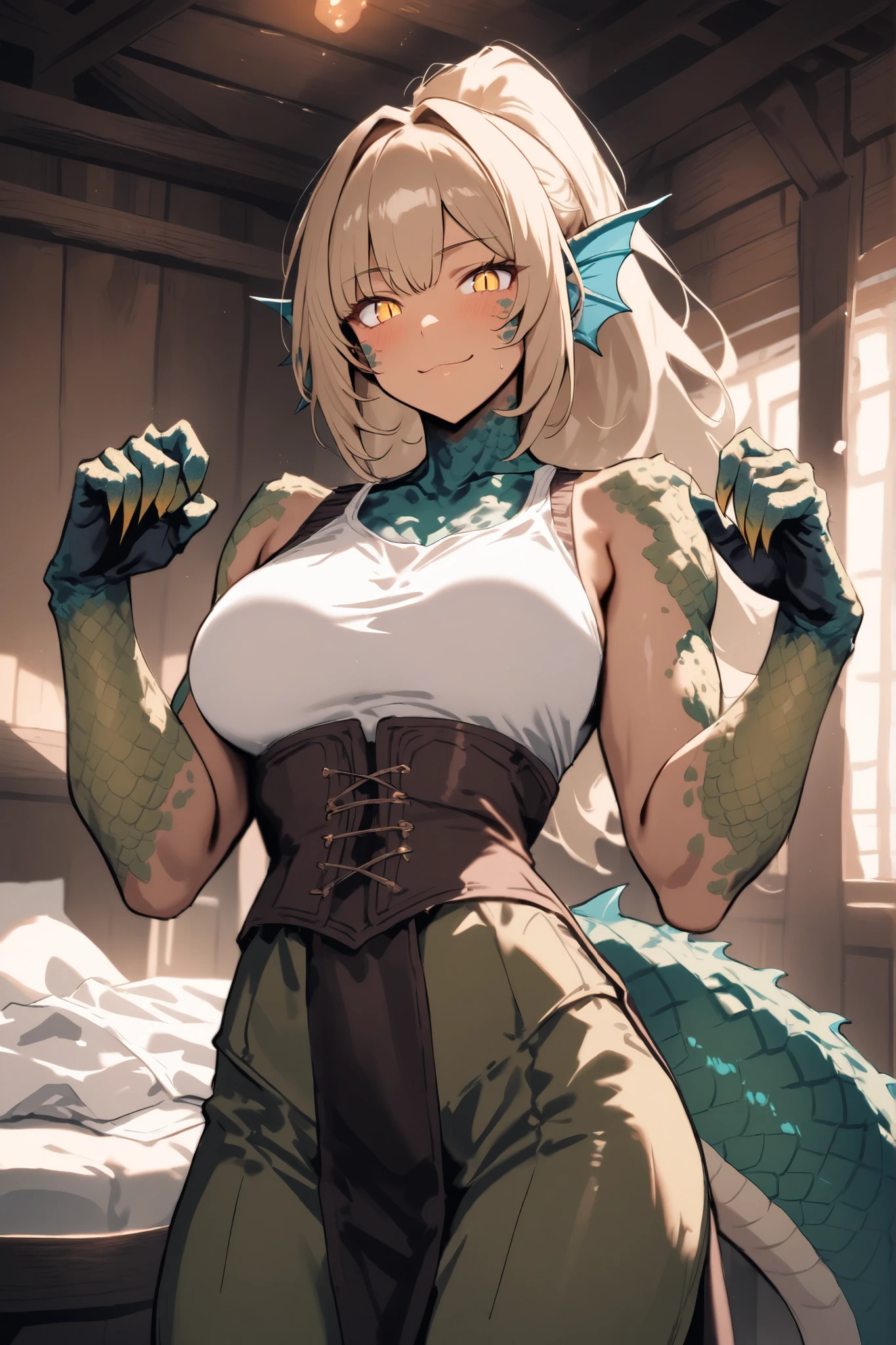 ((Highest quality、unity 8k wallpaper、32K、masterpiece、Very detailed、Ultra-high resolution、Ultra-high resolution、 Very detailedな顔, RAW Photos, Professional, Ultra-fine painting, Fine metal texture, Genuine)) Kotegawa Yui morphing into lizardwomen, Long tail、Scales on cheeks