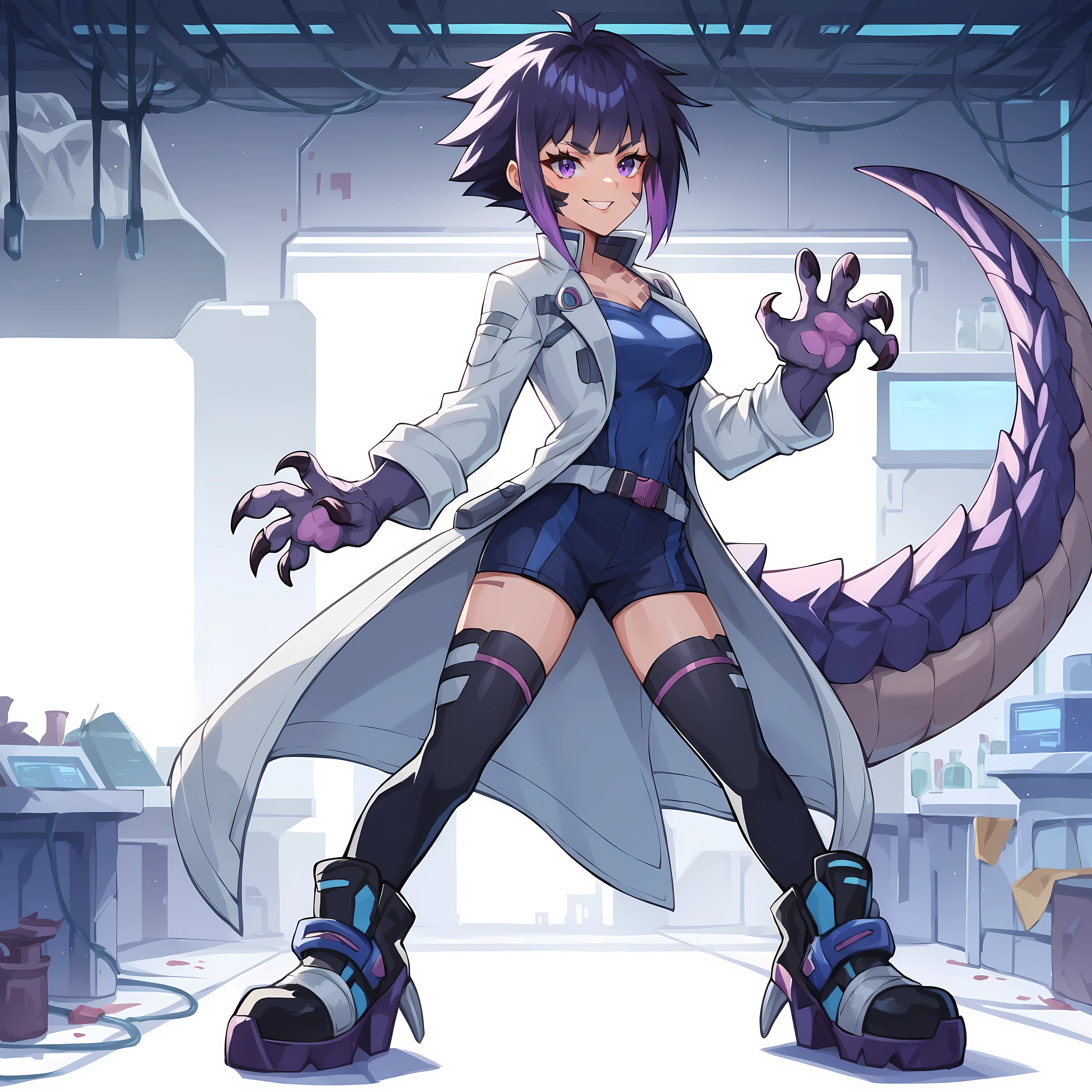 score_9, score_8_up, score_7_up, score_6_up, 1girl, Anime artstyle, An scifi dinosaur scientist, human face, clawed boots, clawed hands, large tail, short female, dressed in lab coat, heavy coat, full body art, heavy boots, anime art, confident expression, dark hair, purple eyes, dynamic, cyberpunk, fully in frame, lab background, magical powers, dinosaur girl, monster girl, dinosaur mage, mage, monstergirl, half dinosaur,