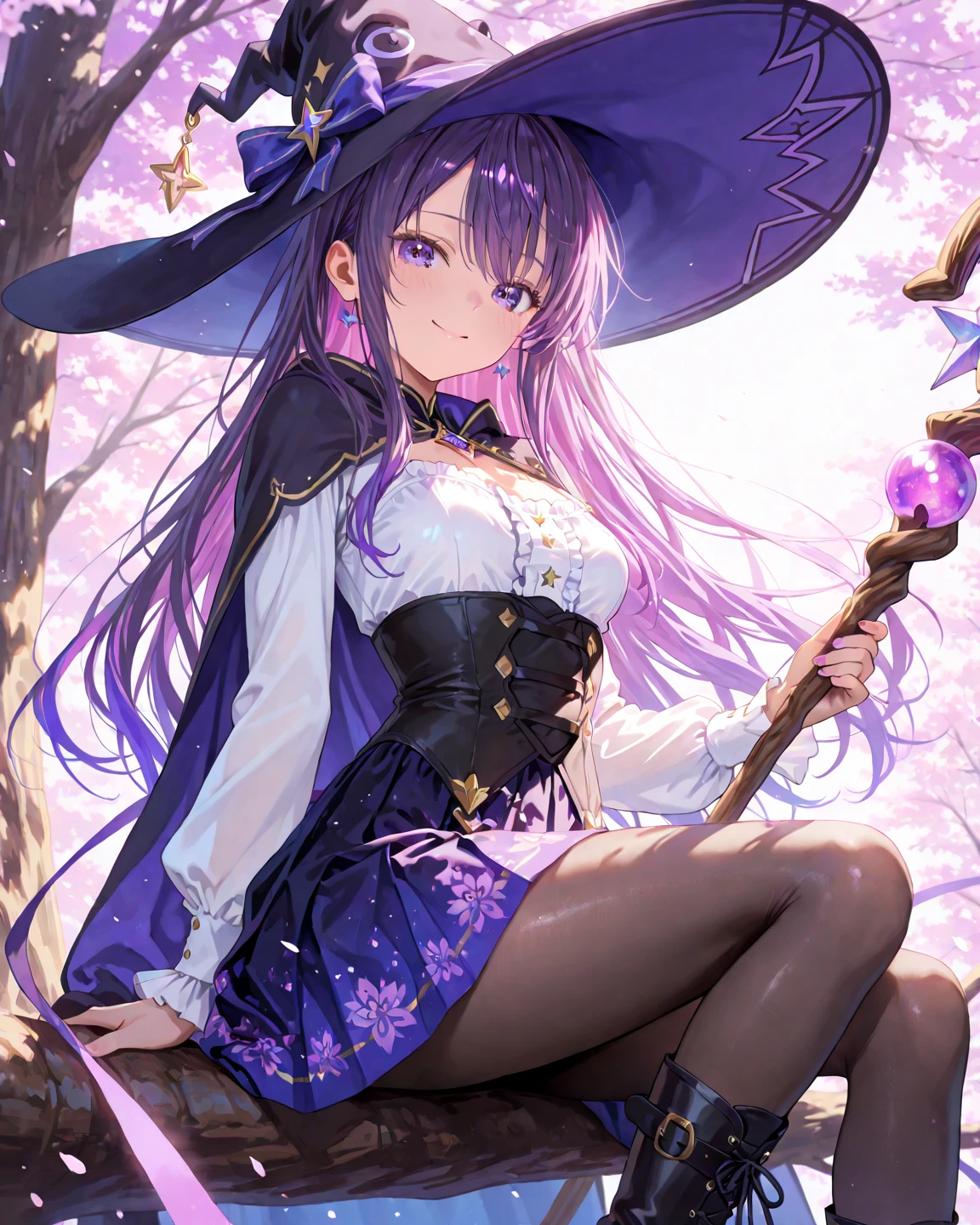 1 petite anime girl, lolita, confident smirk, large witch hat, black ruffled lolita dress is very short in front, panties visible, underboob, small breasts, bare navel exposed, purple ribbons on her dress, purple belts, purple straps, white heart-shaped ribbons on dress, large purple ribbon on hat, atop a giant orange mushroom, tall purple and orange mushrooms looming above her in background, fireflies, forest clearing, witch's cauldron, nighttime, moonlight, very skimpy clothes, ??????_outline