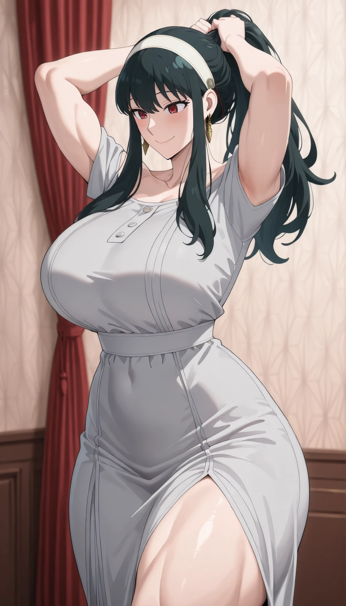 (Close-up、16K、highest quality、high detail、Rich skin details)、((nfsw))、Watch everywhere、obedience、very big breasts、blunt bangs、obesity、medium hair、red eyes、blushed、((embarrassing))、A sloppy smile、big ass、very large thighs、arms behind head、swollen nipples、light blue panty、black hair、bedroom、lying on the bed