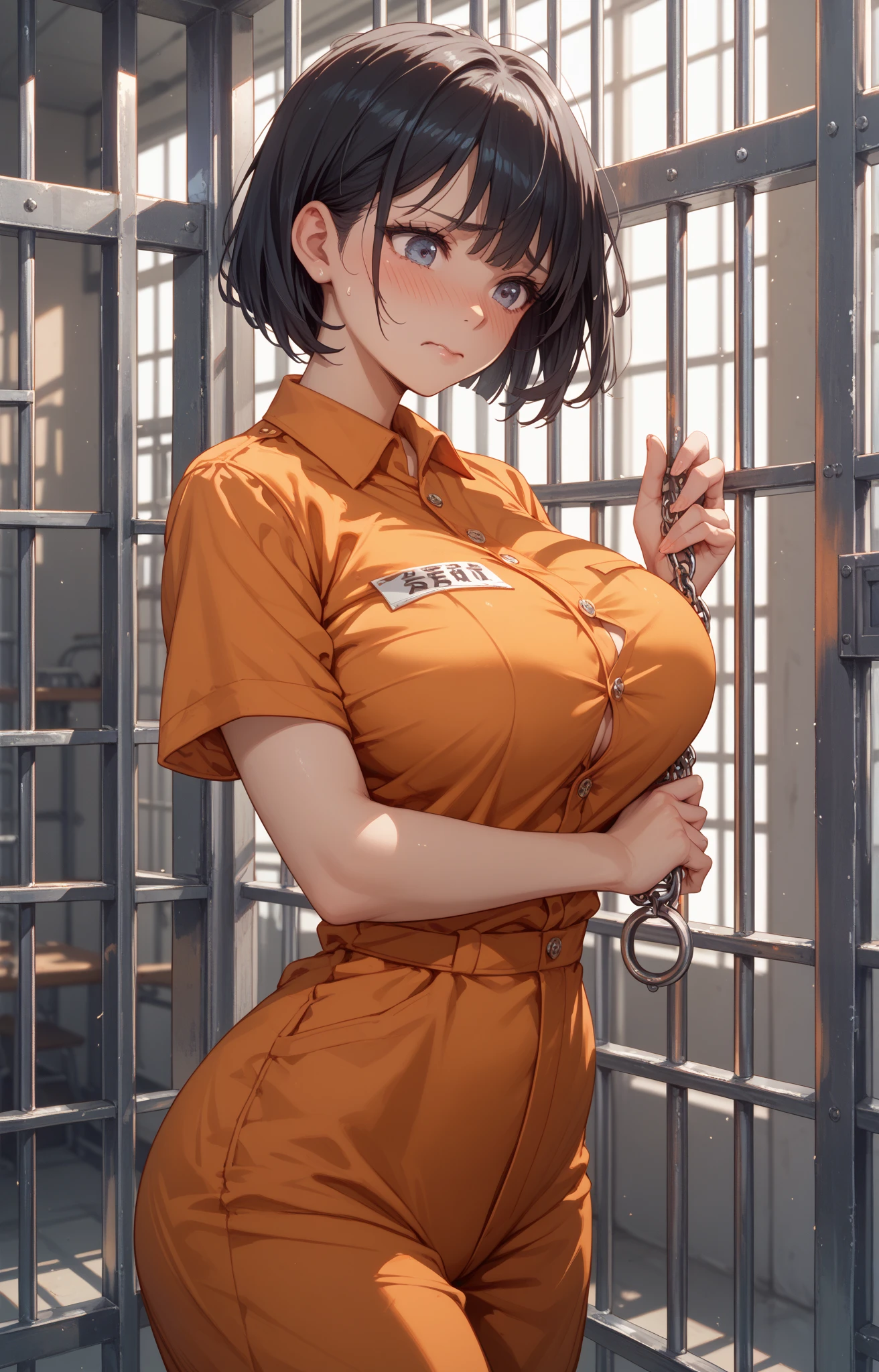 mugshot, view the viewer, Huge breast, prisoner, prison girl, jailed, prisoned, Striped black and white prison jumpsuit, Handcuffed, Restrained, shackle, domina, jail cell, lock, mature, milf, long black hair