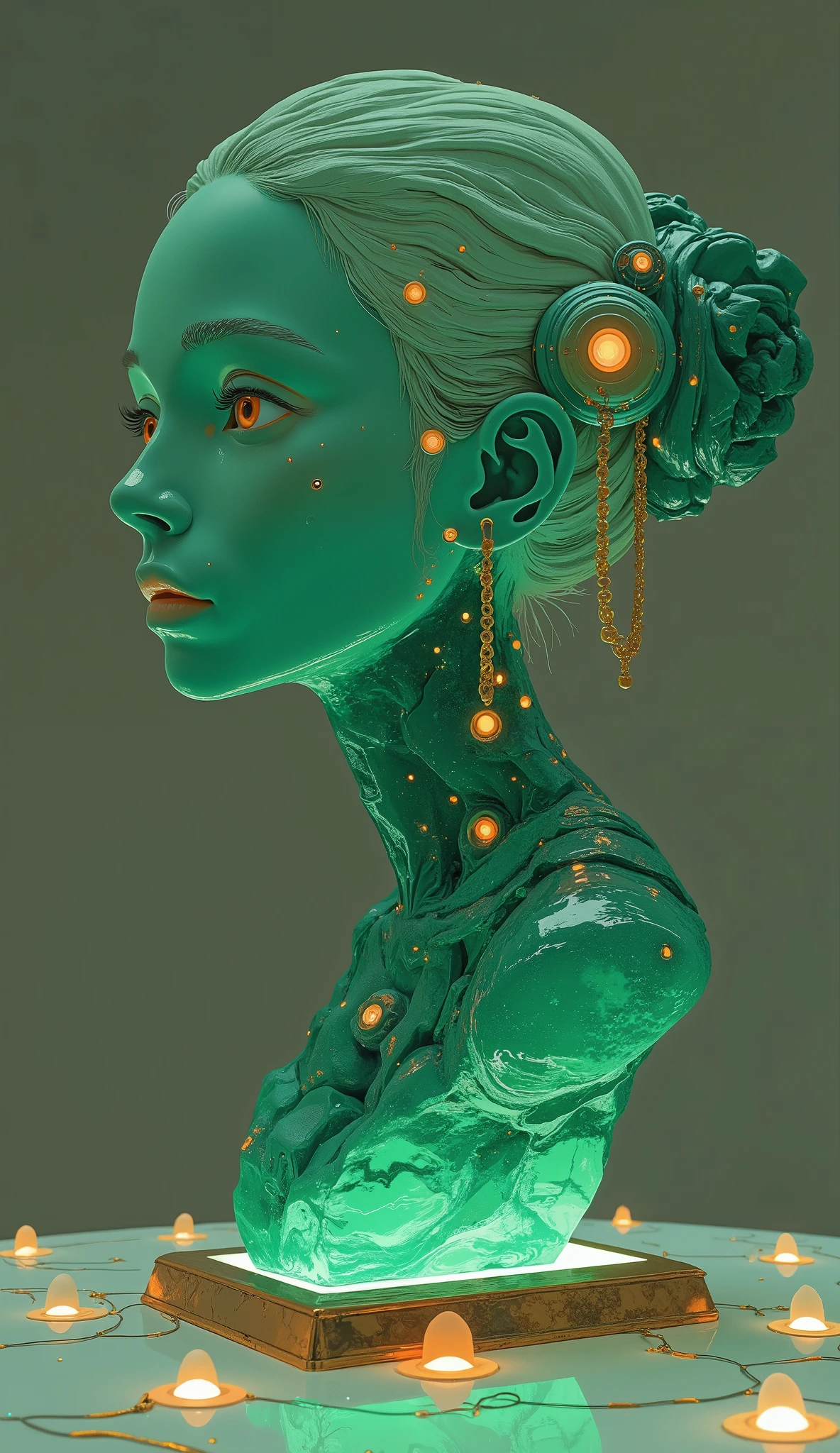 A beautiful bust for women roughly carved and carved from a beautiful emerald with intricate geometric facets, Using a gemstone base and shining gold accents, Softly illuminated mirror image with light included、For an elegant display.