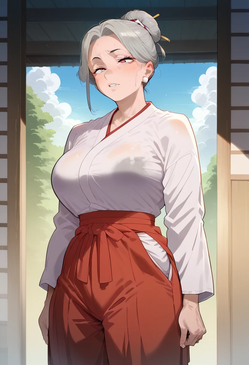 (One tall woman,White Hair,Hairstyle is short ponytail,Sharp blue eyes,Larger breasts,Wide thighs,Woman hiding her right eye with her hair)Beige long dress