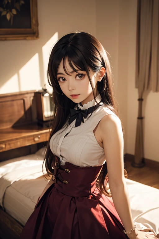 masterpiece, best quality,1 girl, alone, discomfort, red bow, bow, long hair, hair bow, Eve's Clothes, alone, Headband, black hair, Bangs, red Headband, medium breasts, brown eyes,masterpiece, faint smile, (illustration: 1.5), Run to the audience