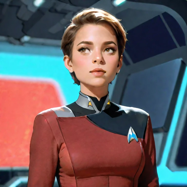(photorealistic rendering of, detailed, realistic, high definition:1.2) upper body <lora:AudreyHepburn_v1-000030:.9> AudreyHepburn, focus on face, wearing a star trek uniform , her creamy-orange color hair is styled as pixie hair,