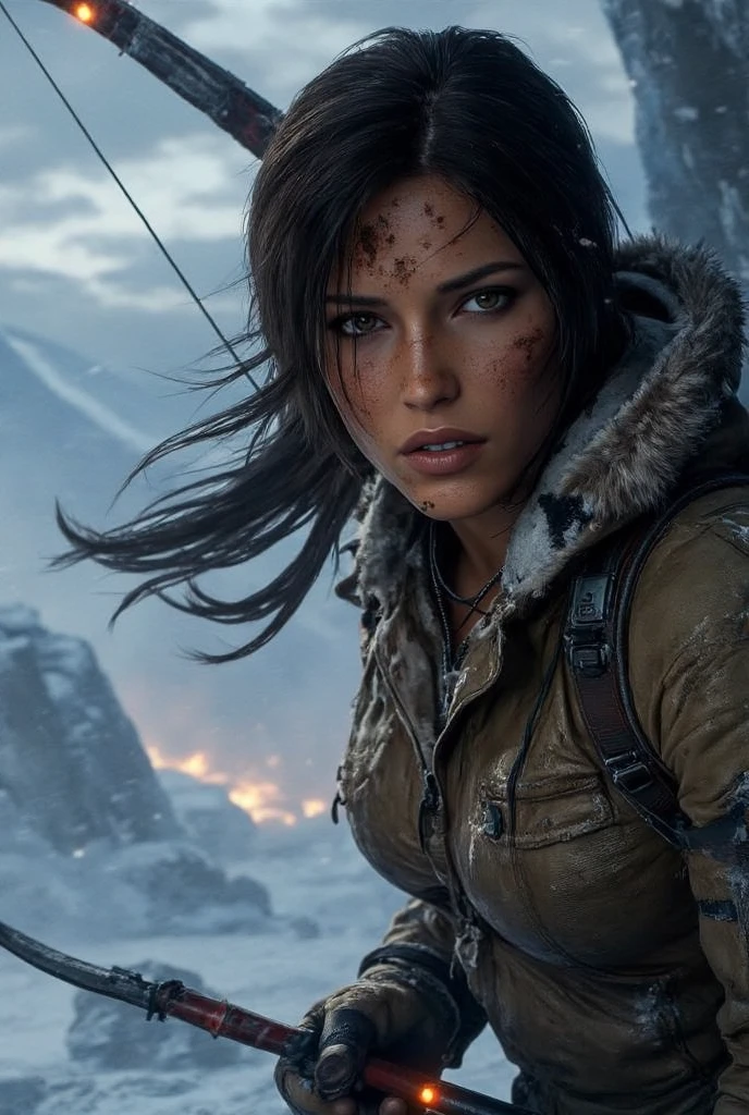 Lara Croft, Beautiful, perfektes Gesicht, sexy Look, Haare wehen im Wind in einer mittelalterlichen Kletterkulisse, eisiger Wind, Blizzard, Sturm, Gebirge, beeindruckende Landschaft, Dramatische Beleuchtung