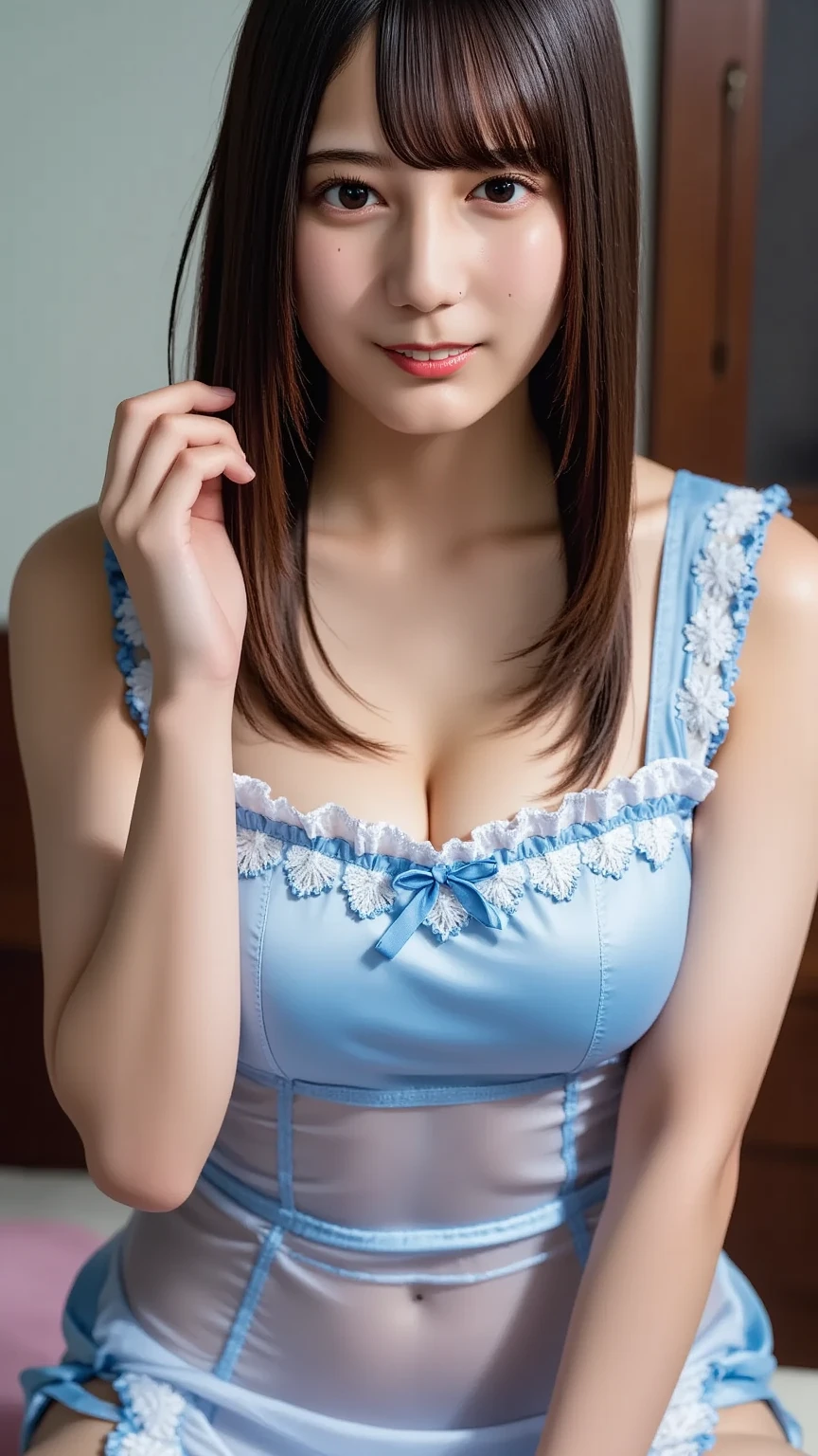 top-quality、Top image quality、masterpiece、fully body photo、25 years old women, Dark brown wavy middle hair、bangss、((White apron with frills))、 (no-bra、Puffy nipple、visible from the side)、light blue pantie、soft boob、Large breasts、Bare legged、 cute smile face、衣服湿透、on a couch、((I can see all my panties、open one's legs))、((Lying on the sofa))