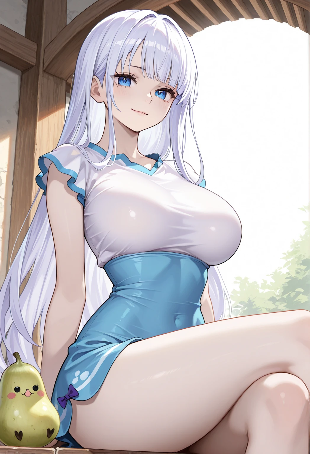 ((Best quality, Super high resolution, Masterpiece:1.3)), 1girl, Cowboy shot, head, (Long hair, White hair, Animal ears), Breasts, (White tube top, Sleeveless, Shoulderless, Strapless, Navel:1.2), Beautiful eyes, Evil smile, (Highly detailed skin), (Detailed face), Detailed eyes, Nice hands, Perfect hands, ((she was holding her newborn baby)),