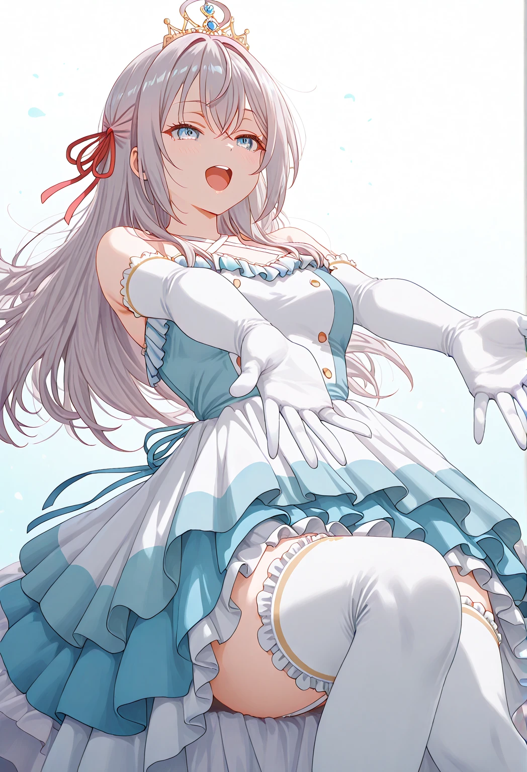1girl, ultra high res,smile, open mouth, large chest, cleavage,  perspective is from below, girl is looking down at viewer, dress, under feet perspective