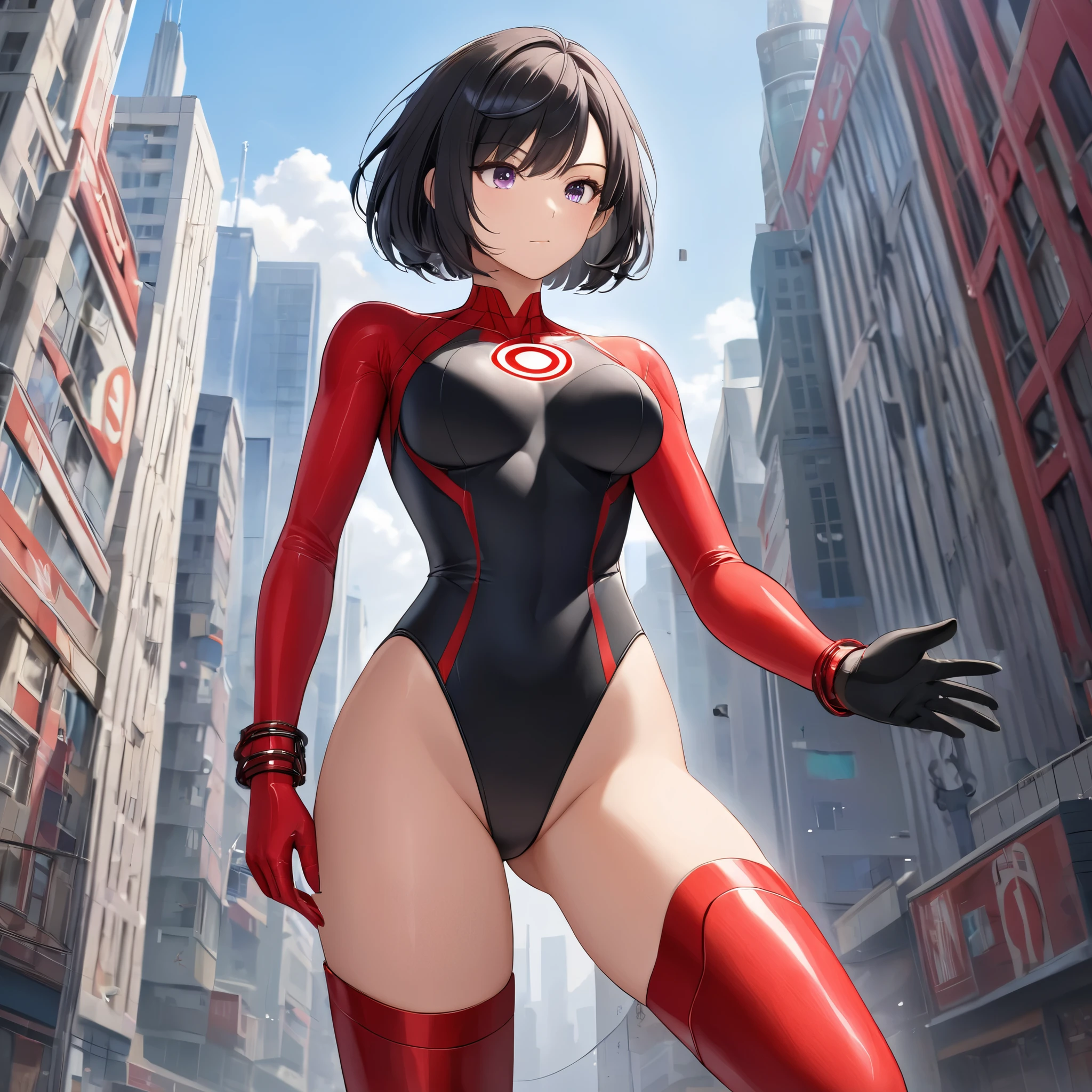 1girl, medium breasts, leotard, red leotard with blue accents, bare legs, boots, matching boots, bracelets, city backdrop, solo, single, standing, full body shot, cowboy shot, beautiful detailed eyes, blue eyes, mature lady, red hair, short hair, bob hair, superhero