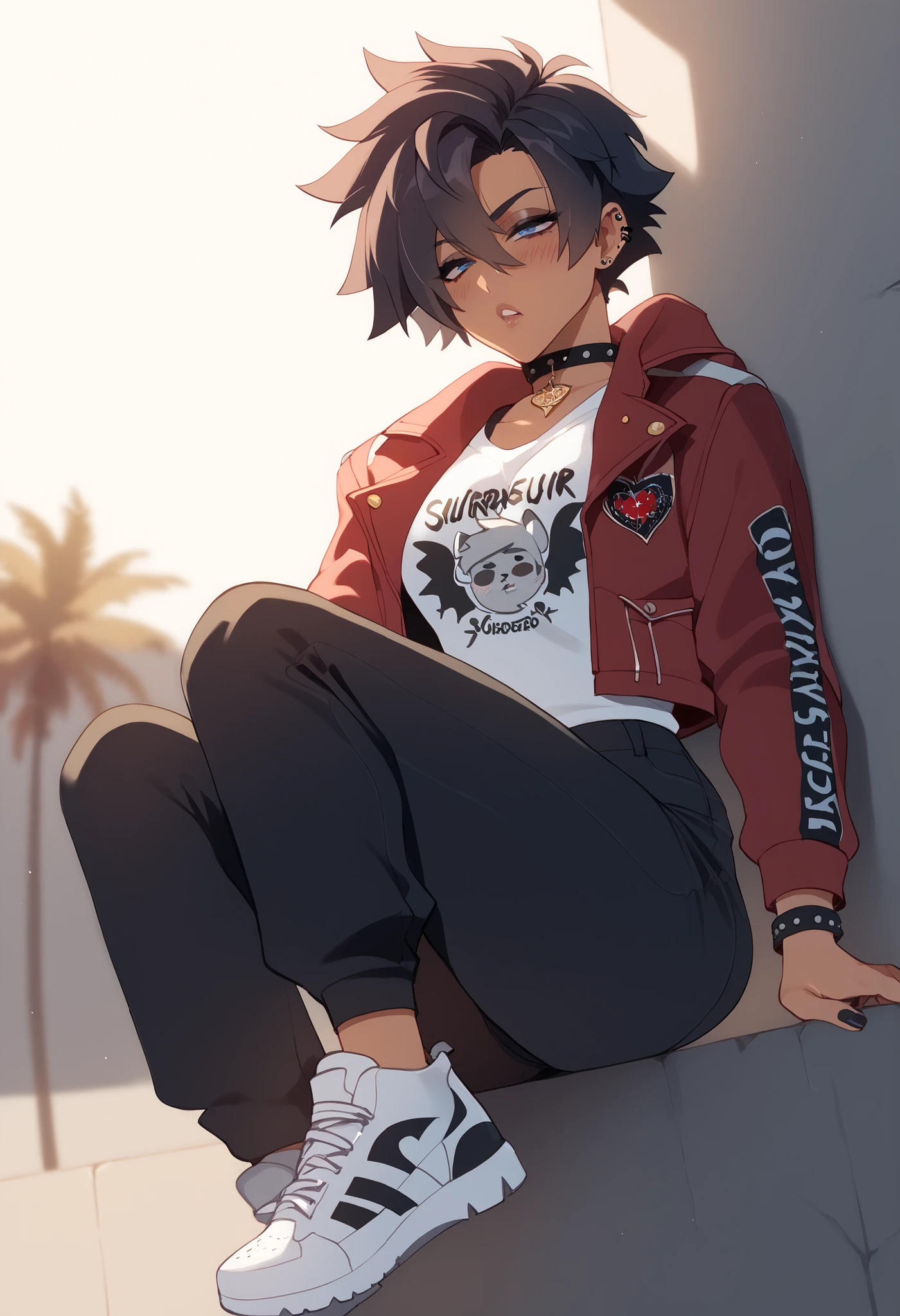 The character has a stylized look and, with a style that mixes the stripped-down with the alternative. Here is the detailed description: Cabelo: Muito volumoso, long and sky blue. The hair covers part of the face and falls down to below the waist, with messy locks that accentuate a sloppy or rebellious air. Rosto: Sleepy or bored expression, with half-closed eyes and flushed cheeks. She has visible piercings: two on the lower lip and one on the nose. Roupa: } Wear a red t-shirt with a black and white print, over which is a dark red jacket with black details. On the t-shirt you can partially read the text "look at me". hands: Black painted nails. Parte inferior: Wide pants black sneakers and white sneakers with dark details. Estilo geral: The character has a light Gothic or punk style, with an “emo” or “grunge” touch, conveying an introspective attitude, perhaps slightly melancholic or disinterested.