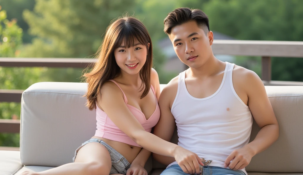 Straight couple photographs, a young man and a woman,Wear short pants, top-quality、超A high resolution、ultra-realistic realism、realistic、RAW photography、8K images, topless, nude, sit beside in the cafe, couple, man athletic body short black hair, woman huge breast long black hair, sexy body, smile, looking camera, 2 people man and woman, husband and wife, korean face