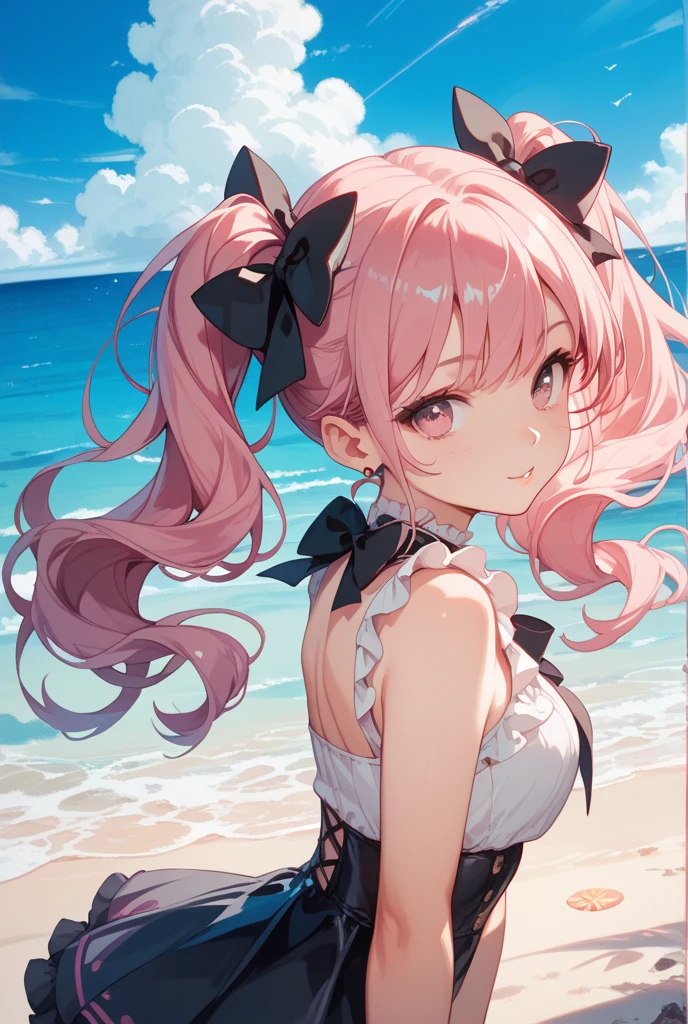 Lolita, Lovely, 1 girl, alone, whole body, beach,Pink skirt, ridiculous, white lace, high resolution, Super detailed, most detailed,nude,barefoot