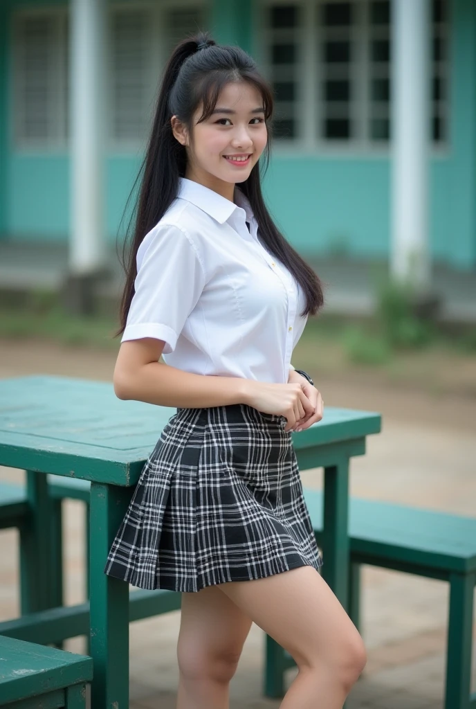 Very detailed 8k wallpaper)、foco nítido、in detail、drama、Delicate and beautiful schoolgirl、17歳、Sheer white shirt、Quite short skirt、ligh brown hair、hair adornments、Sexy、A smile、Peek at the viewer、Beautiful graphics、Bright school building、Full of students、clean legs、squatting down、