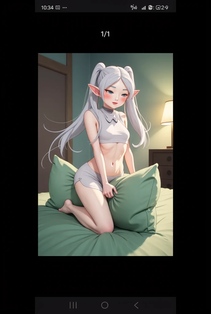 femele,Long white hair above the knee,cyan pupils,white stockings,White-colored skin,Two-dimensional painting style,About ,Elves,Comely,Fornication,enjoying,Masturbating,with no underpants,Lying on the bed. sexy, realistic