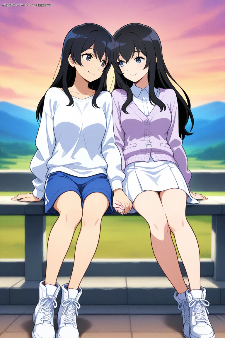 (masterpiece:1.2, best quality), (highly detailed:1.3), gym locker room, 2girls, 13yo, long hair,long legs, (white panties), white t-shirt, sitting on bench, spread legs, tired, hug, smile, sneakers, after training, bright, warm