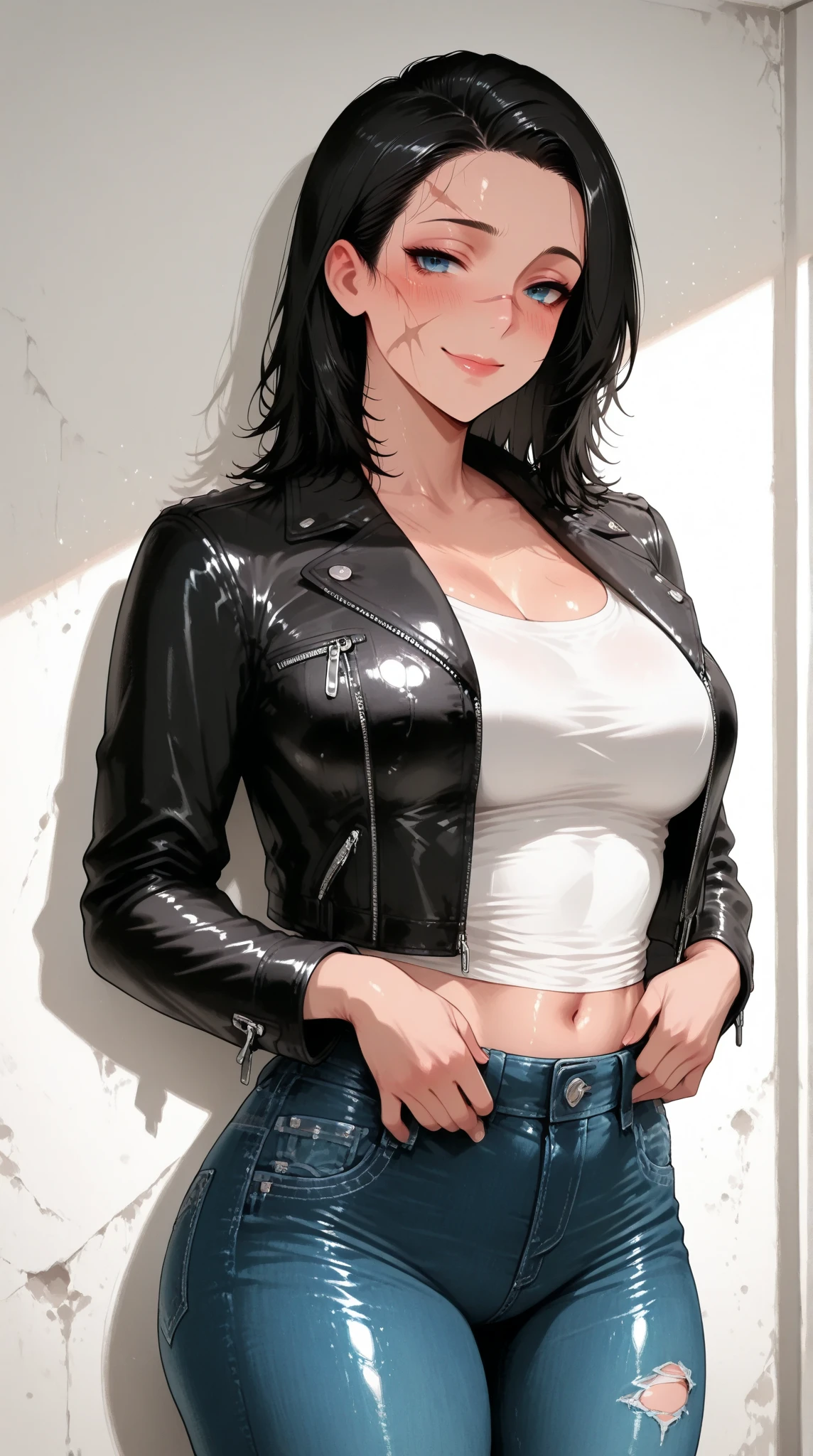 A muscular mature woman with short black hair wearing a black long-sleeved high-neck shirt and blue jeans, smiling while wearing long pink rubber gloves in her room