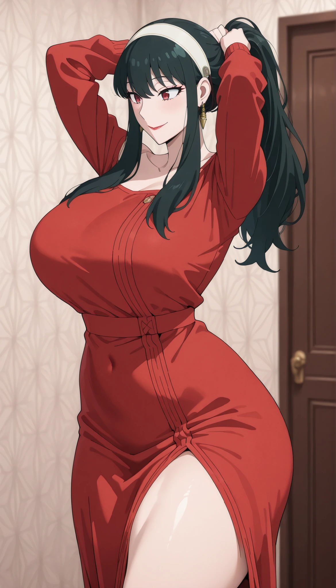 An anime-style artwork depicting yor from the anime spy x family
Tags: Yor Forger, holding, black hair, (shot kimono:1.1), hairband, sidelocks, looking at viewer, bare shoulders, standing, earrings, short hair with long locks, jewelry, closed mouth, bangs, anime, detailed eyes, detailed lips, ass, 1girl, red eyes, (black hair:1.1), solo, huge breasts, smiling expression, intense gaze, dynamic pose, indoor, palace, vibrant colors, digital art, high-resolution, professional quality, gigantic breasts, cleavage), curvy, cowboy shot, (gigantic breasts: 1.4),