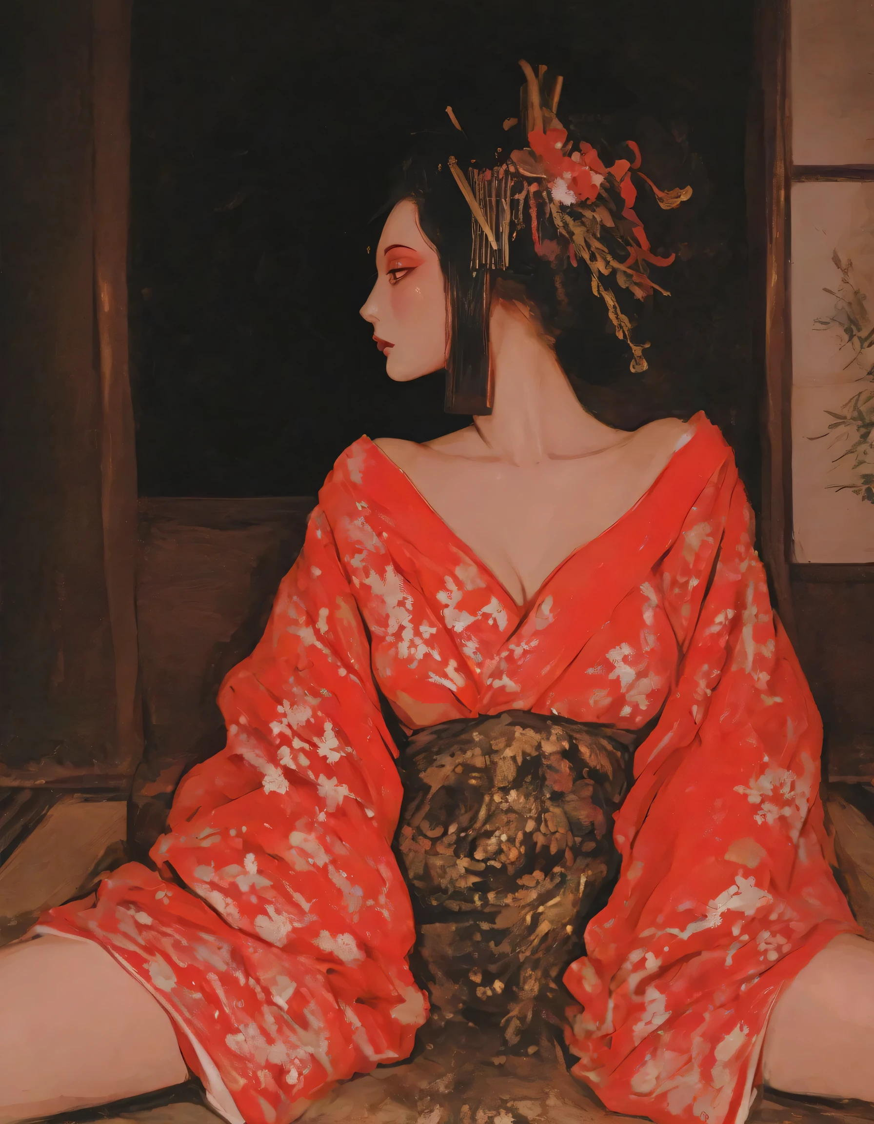 from undersideview,best quality, masterpiece, 748cm style,1girl,(leaning baack:1.3),closed up face,sexy pastel red kimono,natural cosmetic,adult female face,Ukiyo-e, Courtesan, Night, Edo Period,Entertainment district, inn,profile,looking at viewer:1.3,A look of contempt,flat saggy breasts,spread ,