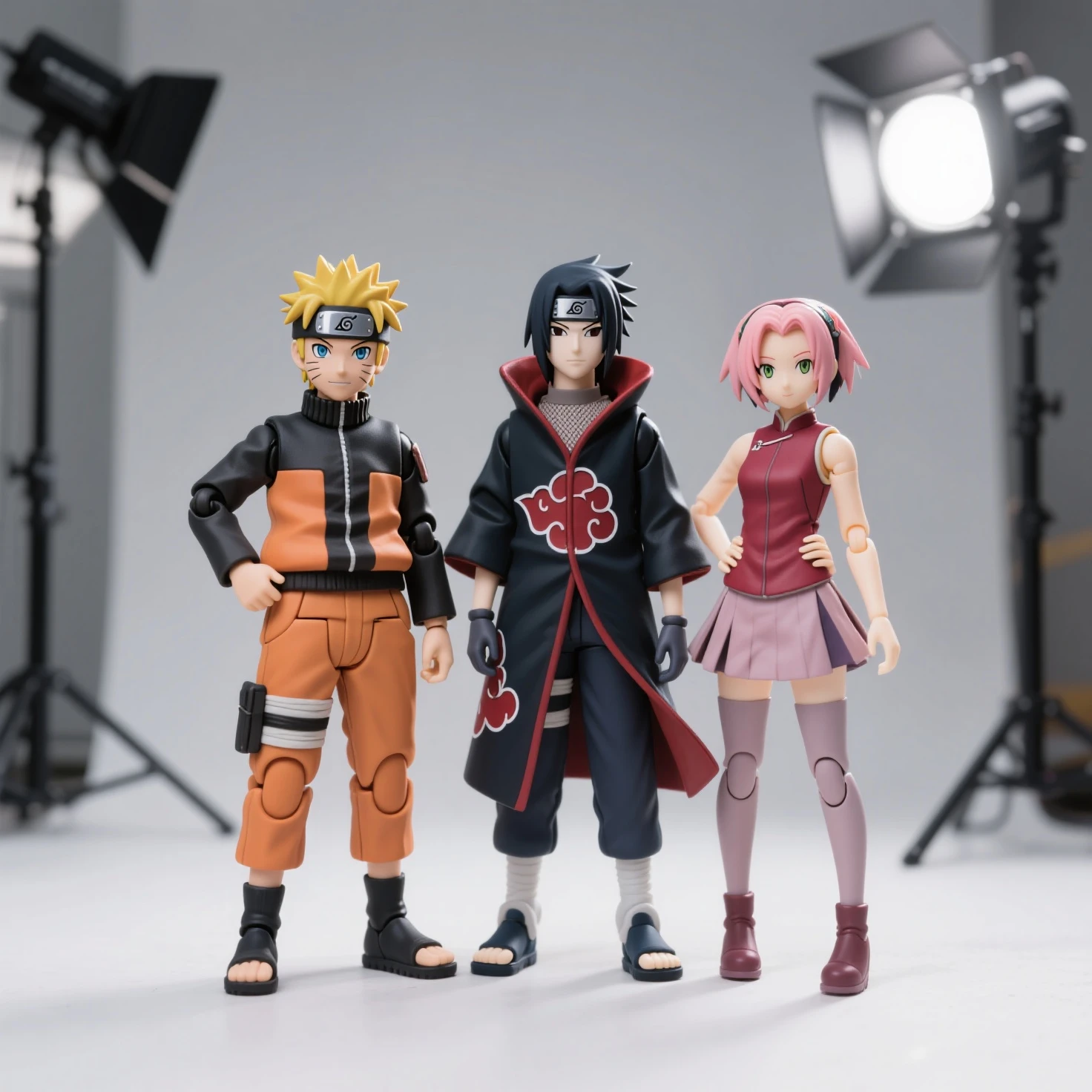 drawing three realistic figures,Uzumaki Naruto in the Hokage costume,Uchiha Sasuke in the Akira costume,There are also Haruno Sakura,three people standing side by side,studio lights,simple background