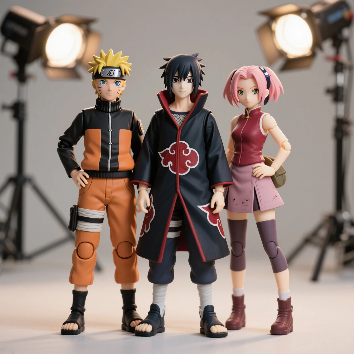 drawing three realistic figures,Uzumaki Naruto in the Hokage costume,Uchiha Sasuke in the Akira costume,There are also Haruno Sakura,three people standing side by side,studio lights,simple background