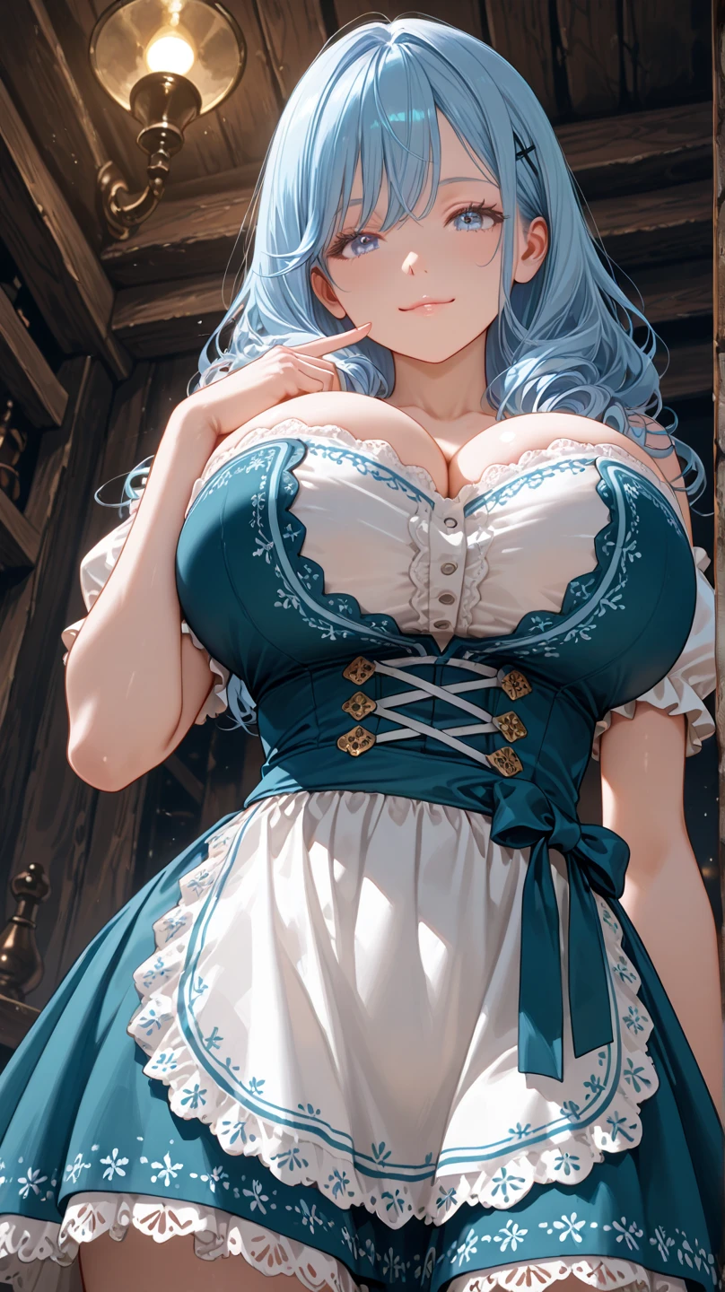 beautiful detailed 25 years old female, wearing Erotic Ruffle Dress: Playful and feminine, featuring ruffles for added texture and detail, beautiful face, blue eyes, shiny white skin, long green hair, slender, ultra large saggy breasts, massive cleavage exposed, random pose