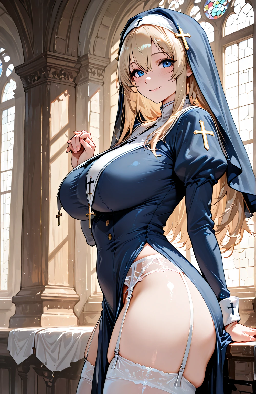 One girl, Blonde, Red eyes, Large Breasts, Wide Hips, Nun costume, A shy smile, Mature Woman, Church Background, Textured skin, Ultra-high resolution, Ultra-high resolution, Ultra-high resolution, Ultra-high resolution, Awards, Attention to detail, Incredible high key lighting and shadows, masterpiece, Great illustrations、Knee-high socks、Sitting、Long white gloves