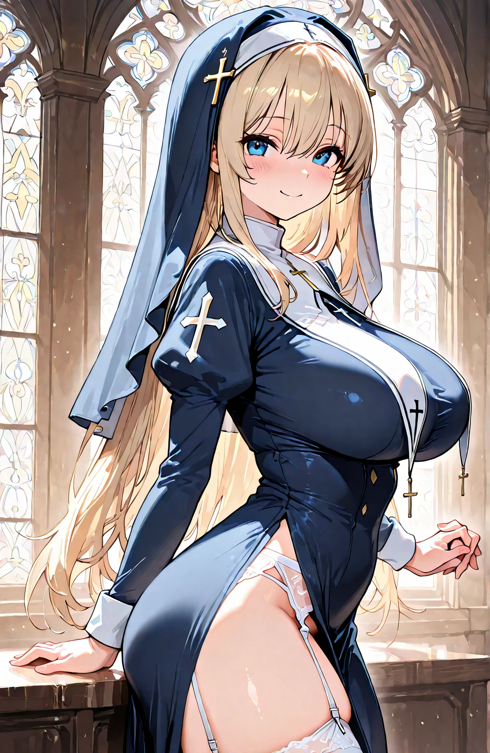 masterpiece, highest quality, High resolution、highest quality、unity 8k wallpaper、32k、Very detailed、超High resolution、Very detailedな顔、RAW Photos、Professional、Ultra-fine painting、Magical Girl Sister Asuna、Dark navy blue nun's magical girl costume、Puff sleeves、Shoulder rest、Silver Breastplate、Pleated skirt、Long gloves、Thigh-high stiletto boots、A large white and red ribbon with a large ruby brooch on the chest、Hair Clip、Hair Ribbon、Open your legs、Invite a man、(((Love juices are dripping from between her legoisture、(((Pushing the female genitalia apart)))、Open mouth tongue、(((Drooling)))、(((Trembling groin and hips)))、(((Twitching female genitals)))、(((Sweaty body)))、NSFW、