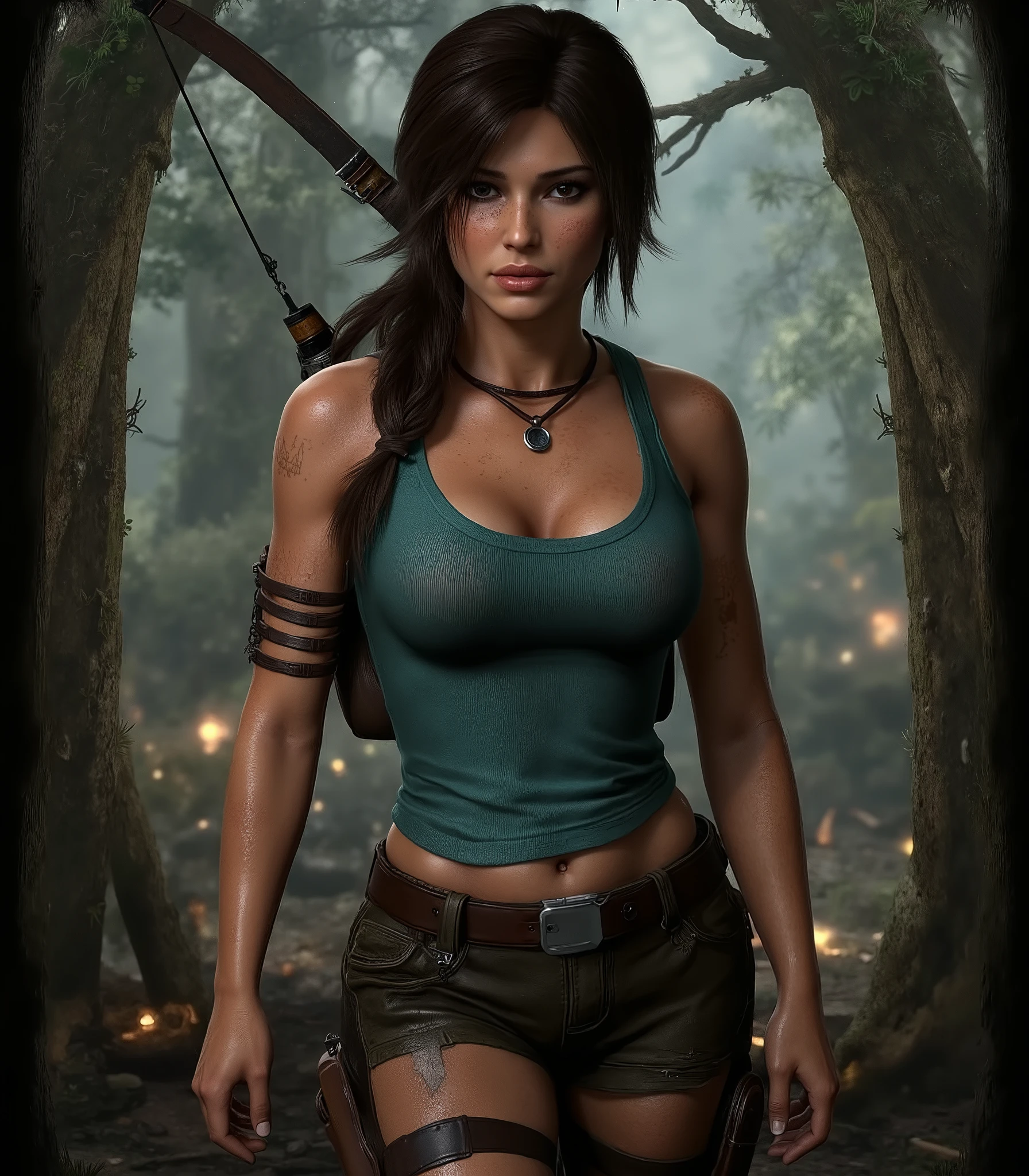 a beautiful english female  Hair Dark brown, typically styled in a long braid or ponytail, brown eyes, body Athletic and curvaceous, large chest, Turquoise tank top, khaki shorts, lara croft tomb raider CGI, unreal, highly detailed, surrounded by a forest pushing her way through thick foliage,