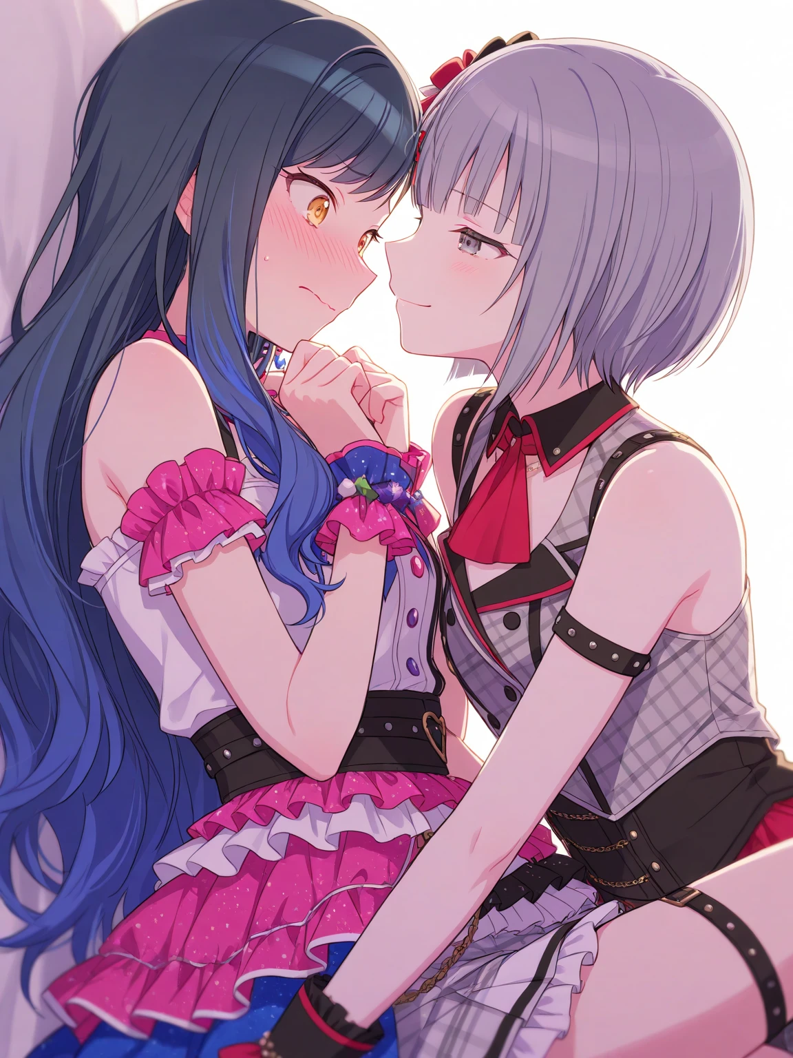 (anime style),masterpiece, best quality, extremely detailed,tanned skin,12yo,hug each other 2SISTARsl,kissing,dark skin Beautiful body,bouncing_breasts,BREAK,multicolored colorful hair,short hair,twin braids,BREAK,black eyes,naughty smile,shy,eyes half open,thick eyebrow,smug,open mouth,eyes widen,sensual face,smile face,detailed lips,False eyelashes,BREAK,cotton red big ribbon,BREAK, blackow camisole dress,midriff baring outfit,frilled clothing,bridal gown,lmicroskirt,break,head tilt,coquettish pose