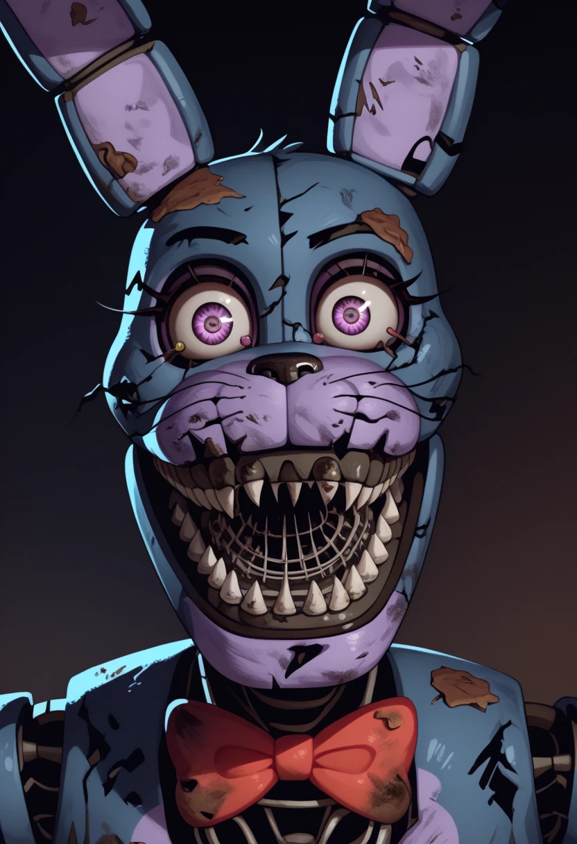 Bonnie's nightmare, Cortex, dirty, evil smile, , scary (the subject), dark Web style , Female, her eyes are orange, and her color is dark blue to purple