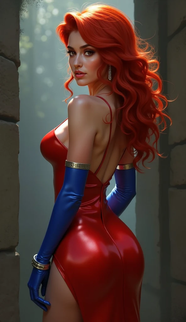 seductive 45 year old woman, cabello rojo liso, enormes pechos, caderas anchas, piernas muy gruesas