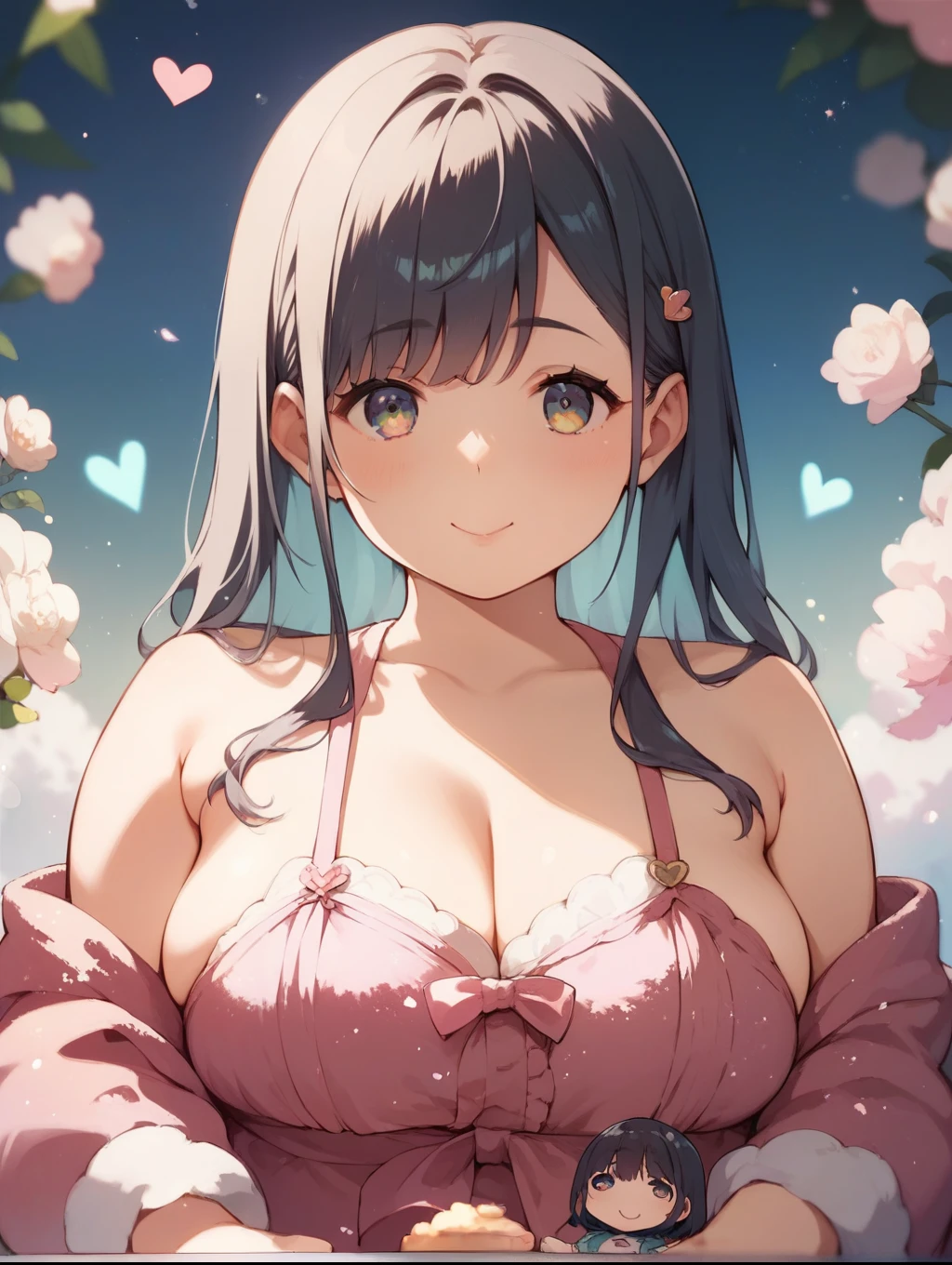 score_9, score_8_up, score_7_up, score_6_up, Source_Anime, nsfw,A beautiful middle-aged woman with doll-like cuteness,Middle-aged obesity,chubby round face,Shinkai Makoto style,glitter, Depth of Subject ,Heart Particles,