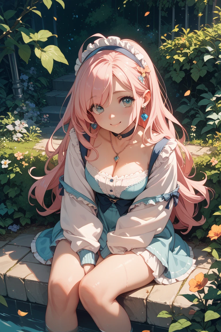 Sakura Mizuki, an 18-year-old with waist-length pink hair and large jade green eyes, is seated across from Yuki, her friend with long blonde hair in loose waves and large amethyst purple eyes, on a tranquil balcony. Sakura is wearing a light blue dress that complements her and curvy frame, and Yuki is in a vintage-inspired tea dress with lace details. The small wooden table they sit at is surrounded by potted plants, with the distant mountains and the setting sun providing a peaceful and picturesque backdrop.