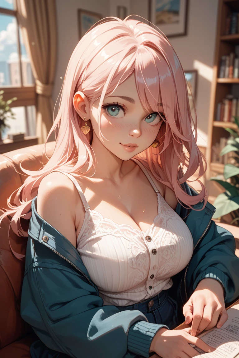 (m1n1jello:0.6), upper body shot, slim, slender, pink hair, green eyes, looking at viewer, t-shirt, denim jacket, medum breasts, sagging breasts, sitting, by window, golden hour, (masterpiece), (best quality:1.2), absurdres, intricate details, (highly detailed skin:1.2), <lora:wolf_cut:0.7>,