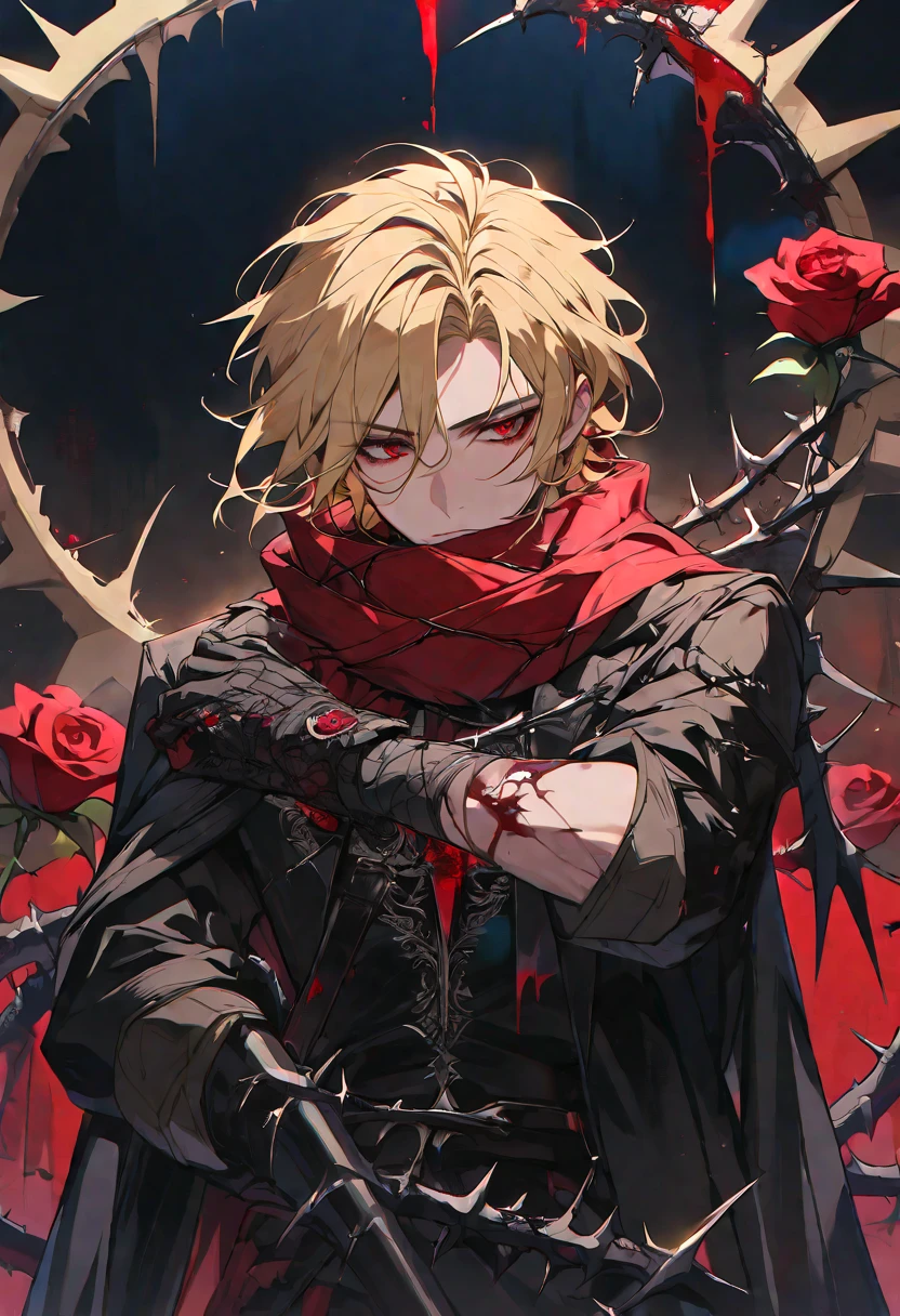 Solo, male, short blonde hair, red eyes, black coat, red scarf, black roses, red roses, thorns, blood, smile facial
