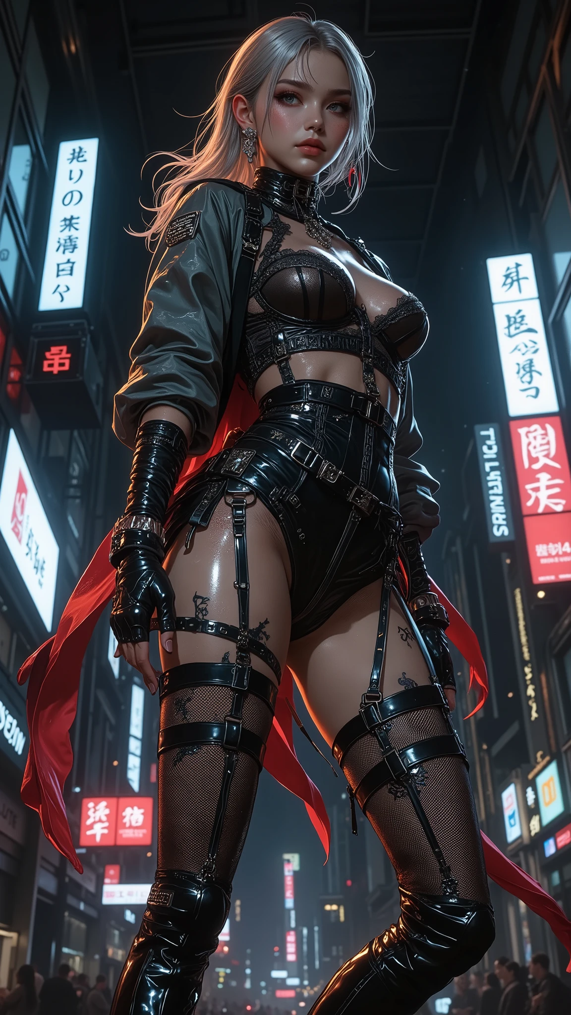 there is a woman with small breasts and massive hips in a corset and a black and white outfit, with Fishnet on breasts, humble outfit, wearing techwear and armor, cyberpunk outfit, wearing japanese techwear, intriguing outfit, all black cyberpunk clothes, cyberpunk style outfit, female cyberpunk anime girl, cyberpunk streetwear, cyberpunk dress, anime girl cosplay, photograph of a techwear woman, cyberpunk anime girl, wearing cyberpunk streetwear, maid outfit
