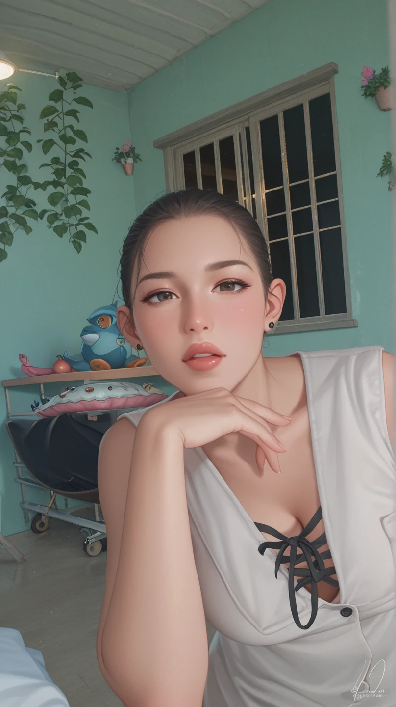 short black hair, with slightly messy bangs. Dark, penetrating brown eyes. Thin and marked build. She wears torn black shorts, blue tennis shoes, and a pink navel blouse with straps. He has an axe in his right hand and a backpack on his back. Busty.