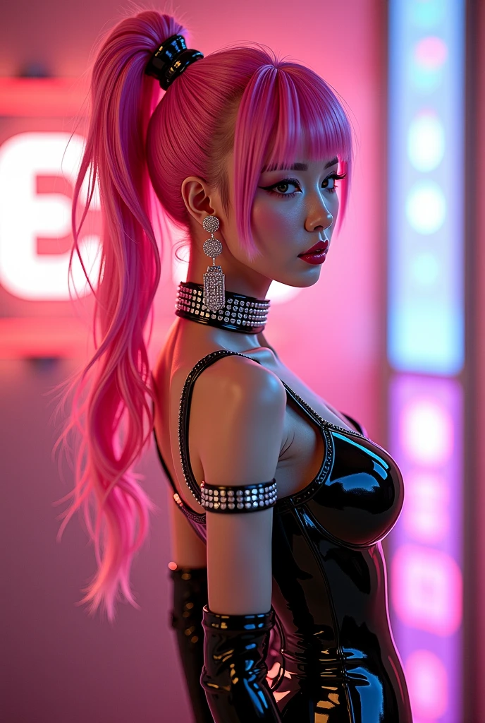 dress a fashion beautiaful model with a perfect figure in something nice, made of available materials (silk, canvas, nylon, (((latex)), fishnet, leather), ((jewelry:1.4)), (steel), (((chains))), (chainmail), bracelets, pendants, earrings)), ((Ultra-realistic最high quality、 8K、 The ultra -The high-definition))、(1 girl:1.3), ((photorealistic:1.66))、(Realistic:1.6)、 (masterpiece)、((absurdres))、 ((ultra sharp))、((perfect figure)), ((Highly detailed face and skin texture)), (Realistic faces), Original photo, (Super beautiful detailed face:1.4)、(Super beautiful detailed eyes:1.3)、((super detailed lips:1.1)、(super Detailed nose:1.1)、((small head:1.3))、 cleavage:1.1、 Wear an off-shoulder top, full bodyesbian、((Contrast))、((Brightly colored clothing))、((nightclub style))、((Pantieposing thighs))、(Erotic:1.5), (Look sideways, look up, look down (random expressions)), ((white, eye-catching, leather, lace-up over-the-knee boots:1.44)), ((black dress, (tinydress:1.32), no_panties, curvy)), (very intricate design of epic bodysuits), (full breasts:1.25), (narrow waist:1.3), medium ass, beautiful cheekbones, (slim belly: 1.3), (well-muscled body:1.32), slim face, ((she profesional dance:1.45))、((anatomically correct dance moves: 1.4))、((in a nightclub:1.2)), ((neon sign)), (professional lighting), Diffuse light, dark shot:1.08、 Long 2blue_eyelashes:1.35、 (dark_eyeshadows:1.45)、 red_lipstick:1.45、((perfect round eyes))、 (dark_pink_makeup:1.44)、(matte skin:1.42)、 ((shot to the knees))