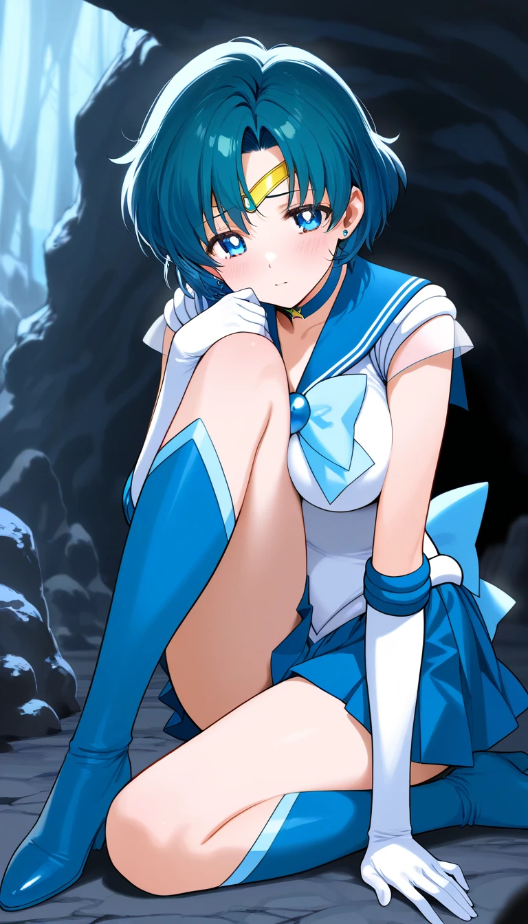 masterpiece, top-quality, hight resolution, Hi-Res, ultra-detailliert, Full limbs, complete fingers, Sailor Mercury Transformation heroine of justice Enameled White Leotard Enamel Blue Boots Wrinkled boots Enamel White Gloves Enamel Blue Mini Skirt Enamel Blue Choker Neat and clean image Gold decoration Costumes with fancy decorations justice poneyTail semi long hair hair adornments A look of shame Crying expression Opening Mouth Squinting eyes Jockey Boots thrust out one's hip Open your legs laying on back Full body painting Put your hand on your crotch Underarm is visible Long boots below the knee Raw feet Thigh legs Soaking a large amount of white slime Open your crotch bend knee お漏らし Yellow water flowing from the crotch Leotards are wet and skin visible full of sweat Drenched darkness inside a cave The surroundings are full of white slime, Pool full of white slime Turbid liquid White slime drips from above indulge