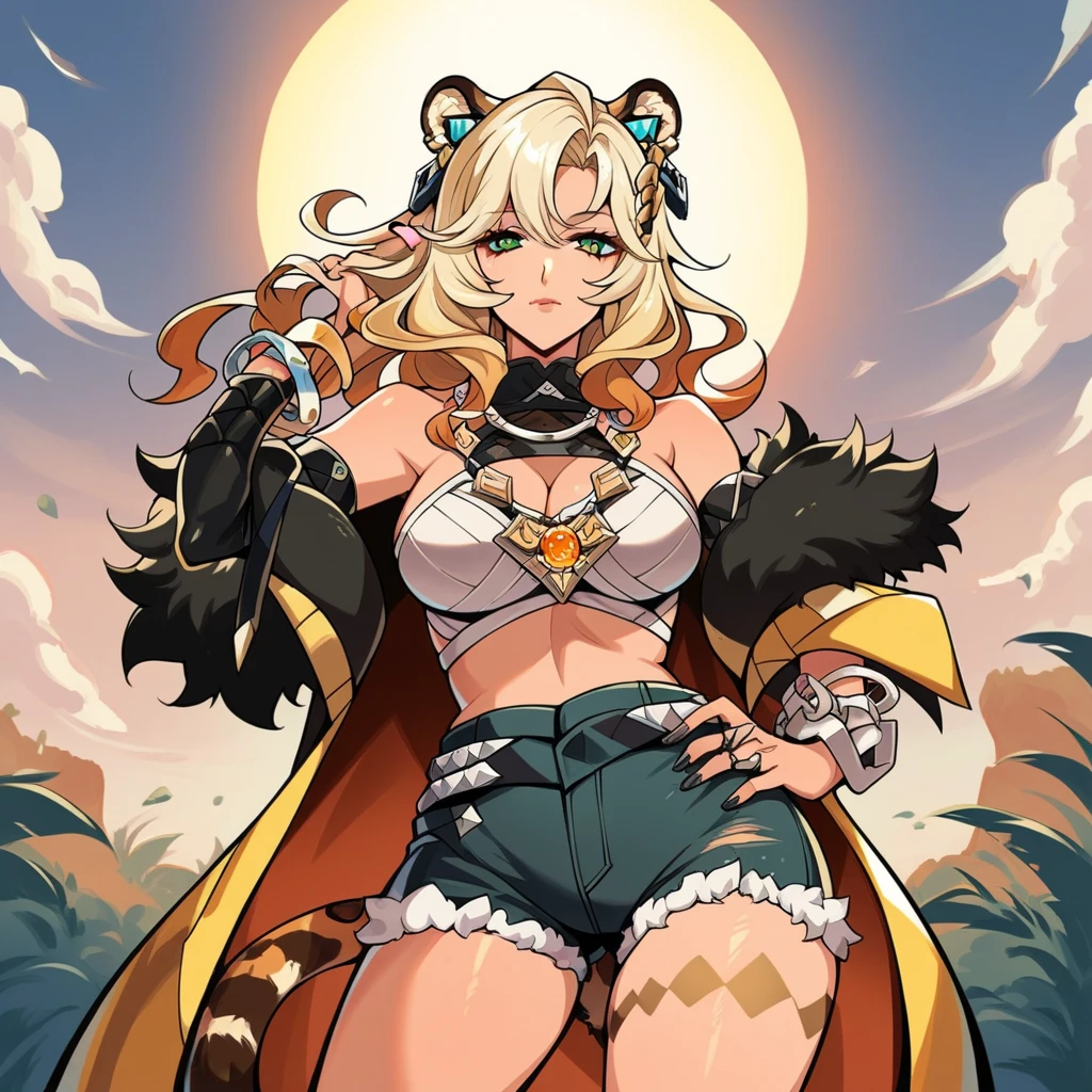 master peice,hyper quality, hyper-detail,Perfect drawing,Hi-Res、独奏、a beautifulchi girl、bbw、Pig nose pattern bikini、Boar ears、Boar's tail、Boar palm、Boar paws、Boar's fingers、sharp claws、Boar Fang、Hunter's eyes aiming for prey、Black and blonde mesh、Sharp eyes、Height 177cm、MeasurementsB95W60H90、Kneeling、pow pause、jungle、beatiful backgrounds、Accurate drawing、Detailed drawing、