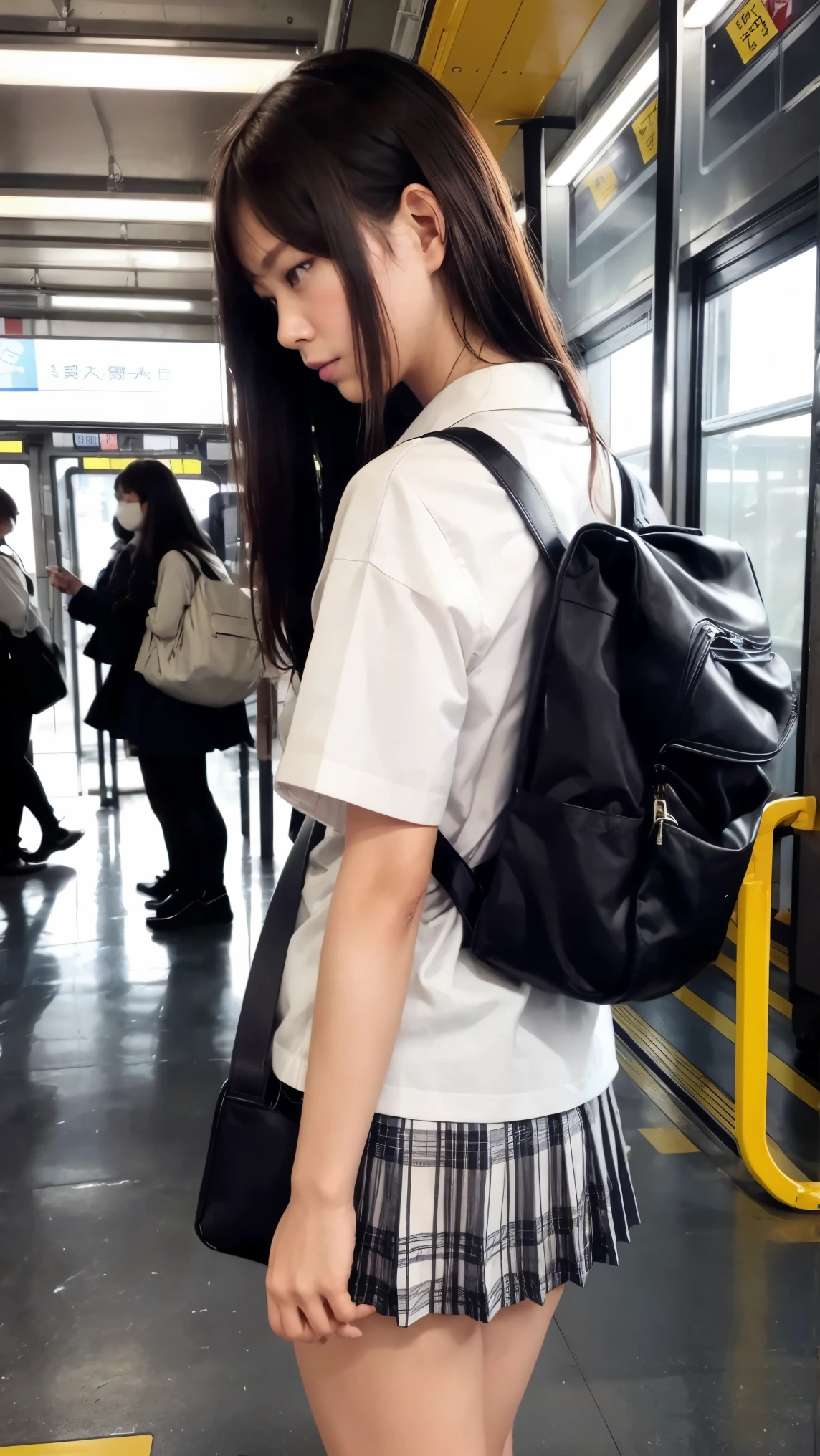((highest quality)), ((masterpiece)), (be familiar with),  (High definition), 8K, Best Shadow, The best natural lighting, Cinematic, High school girl climbing stairs、(black very short hair, cropped)、(wearing headphones on head)、(Grey hoodie:1.2)、Navy Skirt、(navy blue socks)、(THE NORTH FACE large square backpack in black:1.4), sports shoes、((Back view))、covert photography、((Backward low angle))、navy blue socksのクローズアップ、Manga panel layout、Manga style、Manga Design、(Shibuya&#39;s Grand Staircase:1.4)、evening、On the way home