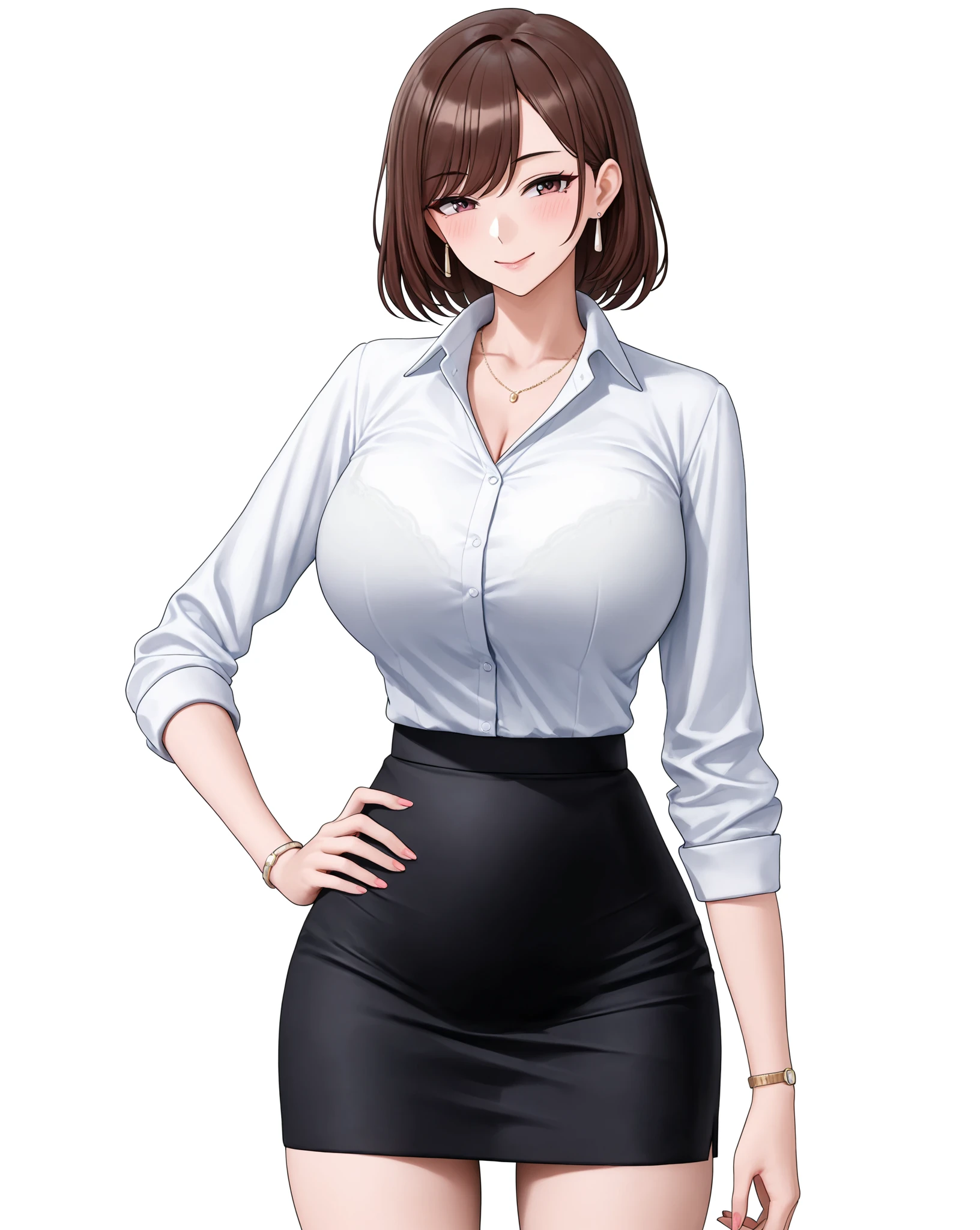 ((masterpiece, best quality, Highest image quality, high resolution, Reality, RAW photos, 8K)), ((Extremely detailed CG unified 8k wallpaper)), (Huge stunning goddess photo, Very hot and sexy, Stunning beauty, Perfect proportion, Beautiful Body, slim body beautiful:1.4)，ol professional woman，shirt，Professional hip wrapped skirt，Short Brown Bob,Large Breasts,Hold the file,Exciting appearance