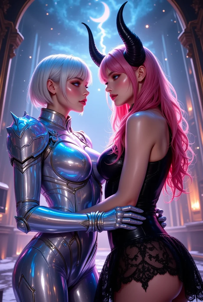 (pink and purple demoness:1.5),(beautiful female model:1.5), (demoness with Large horns:1.25),(1 super muscular succubus with flayed skin:1.5), (covered in thick white muscle suit:1.5), (exposed perfect anatomy:1.5), high detail, best quality, masterpiece, finely detail, realistic skin texture, 85 mm art lens, f 1.2, sharp focus, 8 k high definition, insanely detailed, intricate, super glowing eyes,short pink hair, glowing white background, hair bun, beautiful female face, white skin, pink highlights, big breast, huge saggy breast, natural face, no makeup on, purple neon lights in the background, only one demoness